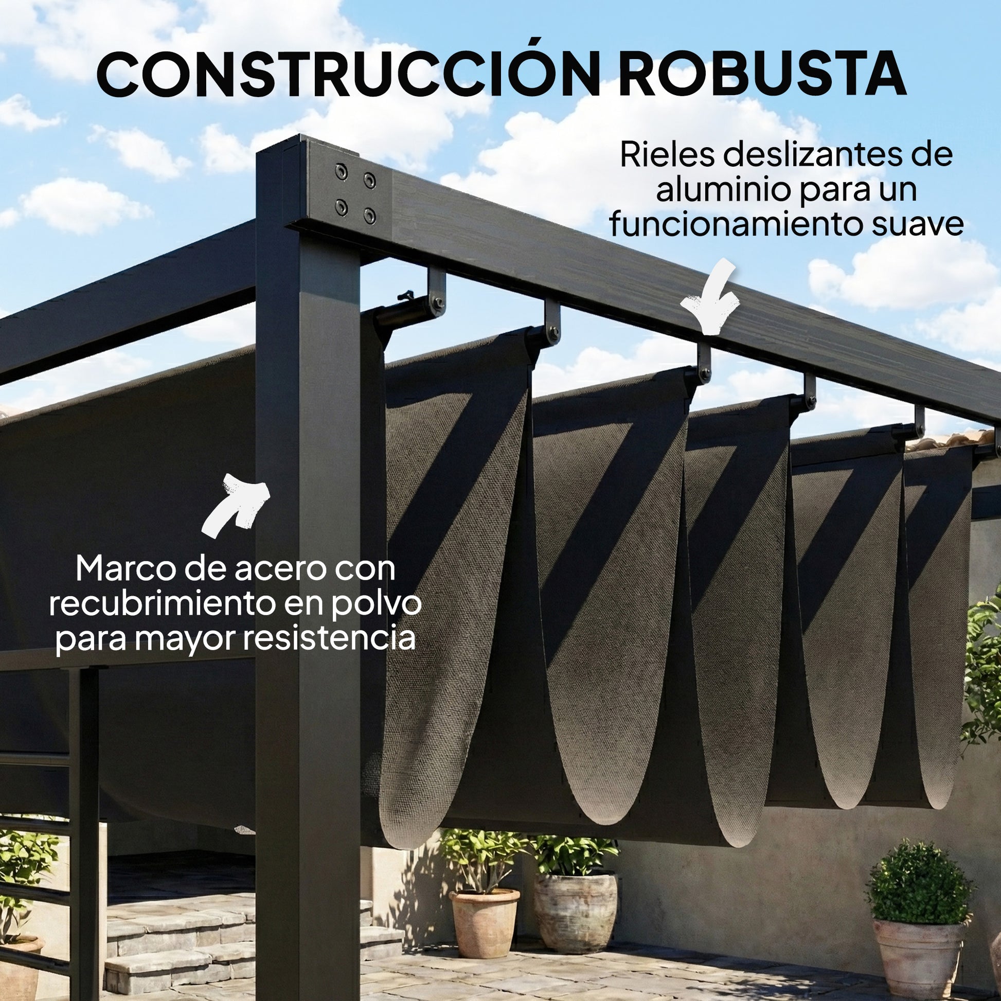 Outsunny Pérgola de Jardín 4x3 m con Techo Retráctil y 2 Paneles de Privacidad Fijos, Cenador de Jardín con Protección UPF50+, Drenaje, Estructura Metálica, Pabellón para Exterior, Gris Oscuro