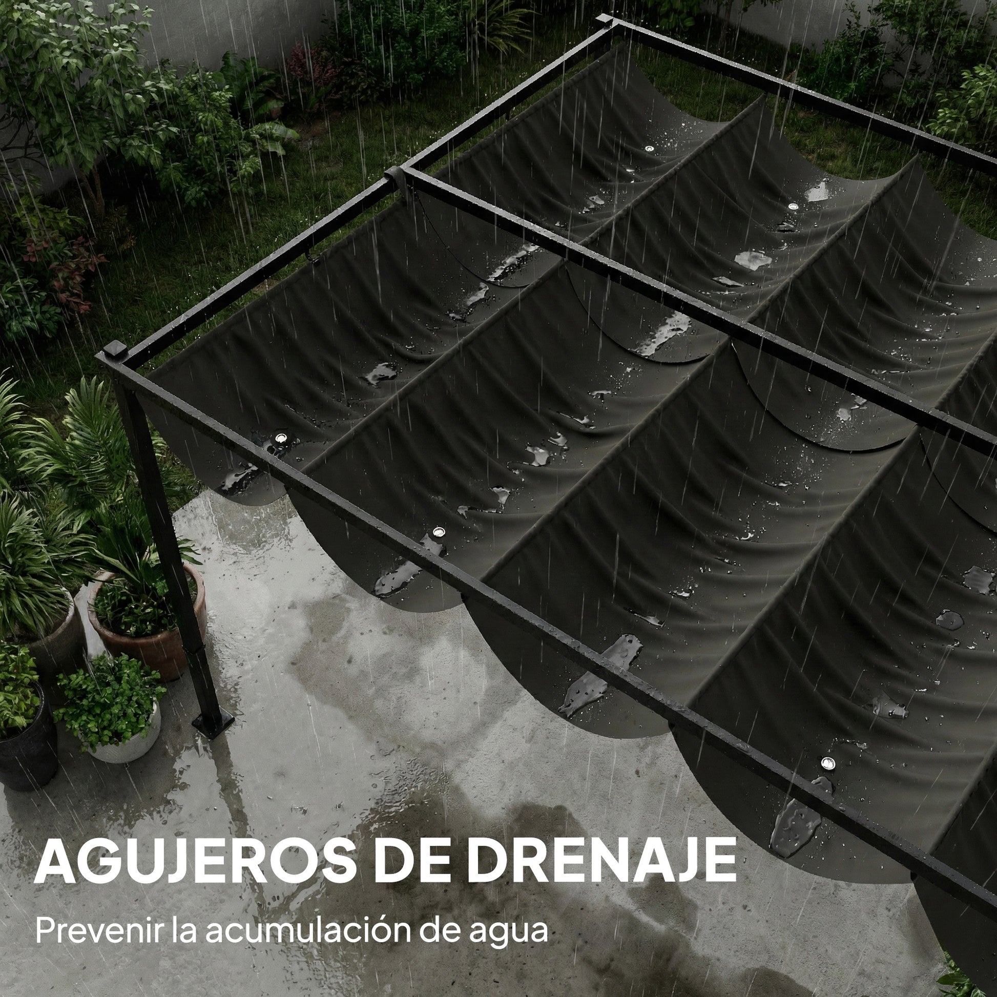 Outsunny Pérgola de Jardín 4x3 m con Techo Retráctil y 2 Paneles de Privacidad Fijos, Cenador de Jardín con Protección UPF50+, Drenaje, Estructura Metálica, Pabellón para Exterior, Gris Oscuro