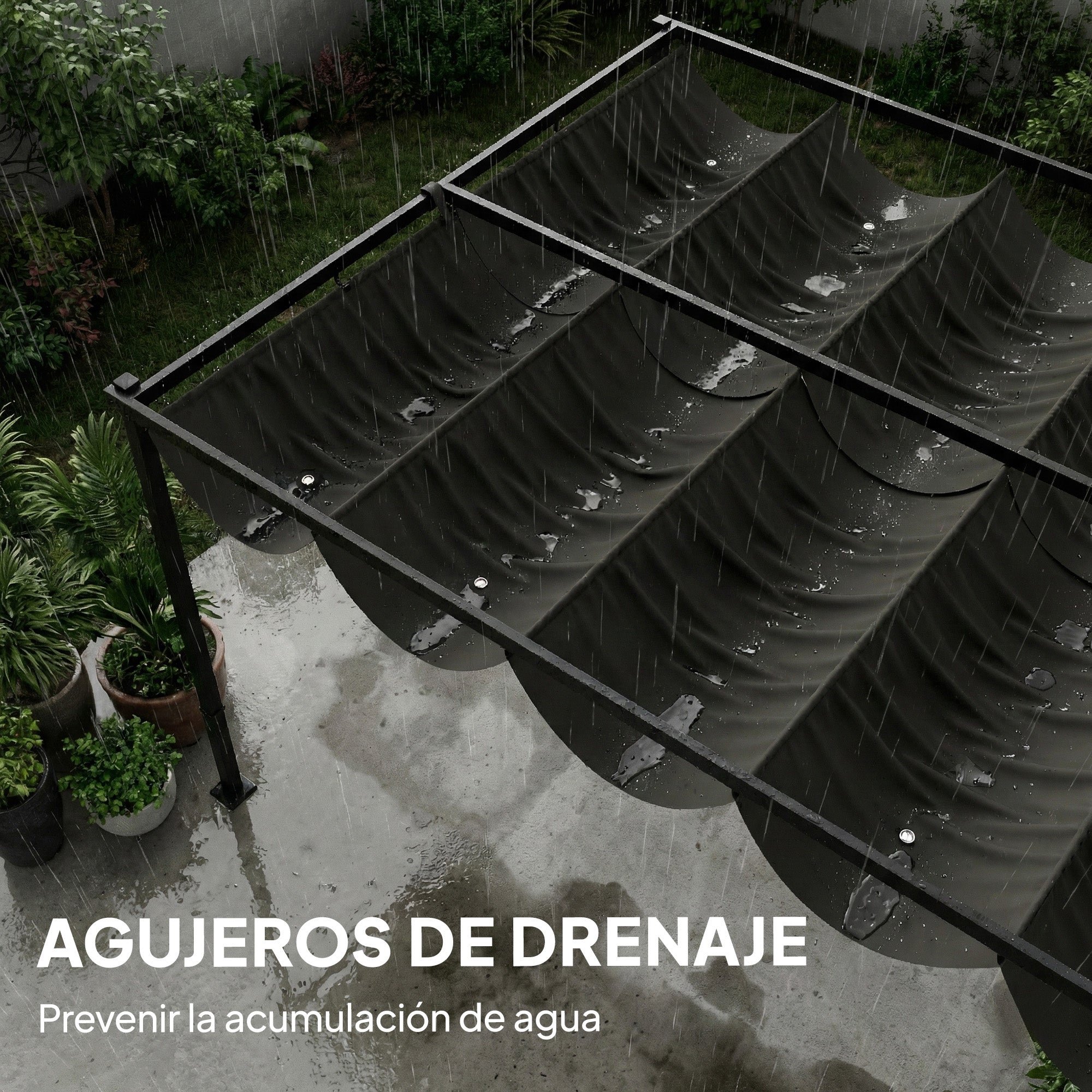 Outsunny Pérgola de Jardín 4x3 m con Techo Retráctil y 2 Paneles de Privacidad Fijos, Cenador de Jardín con Protección UPF50+, Drenaje, Estructura Metálica, Pabellón para Exterior, Gris Oscuro