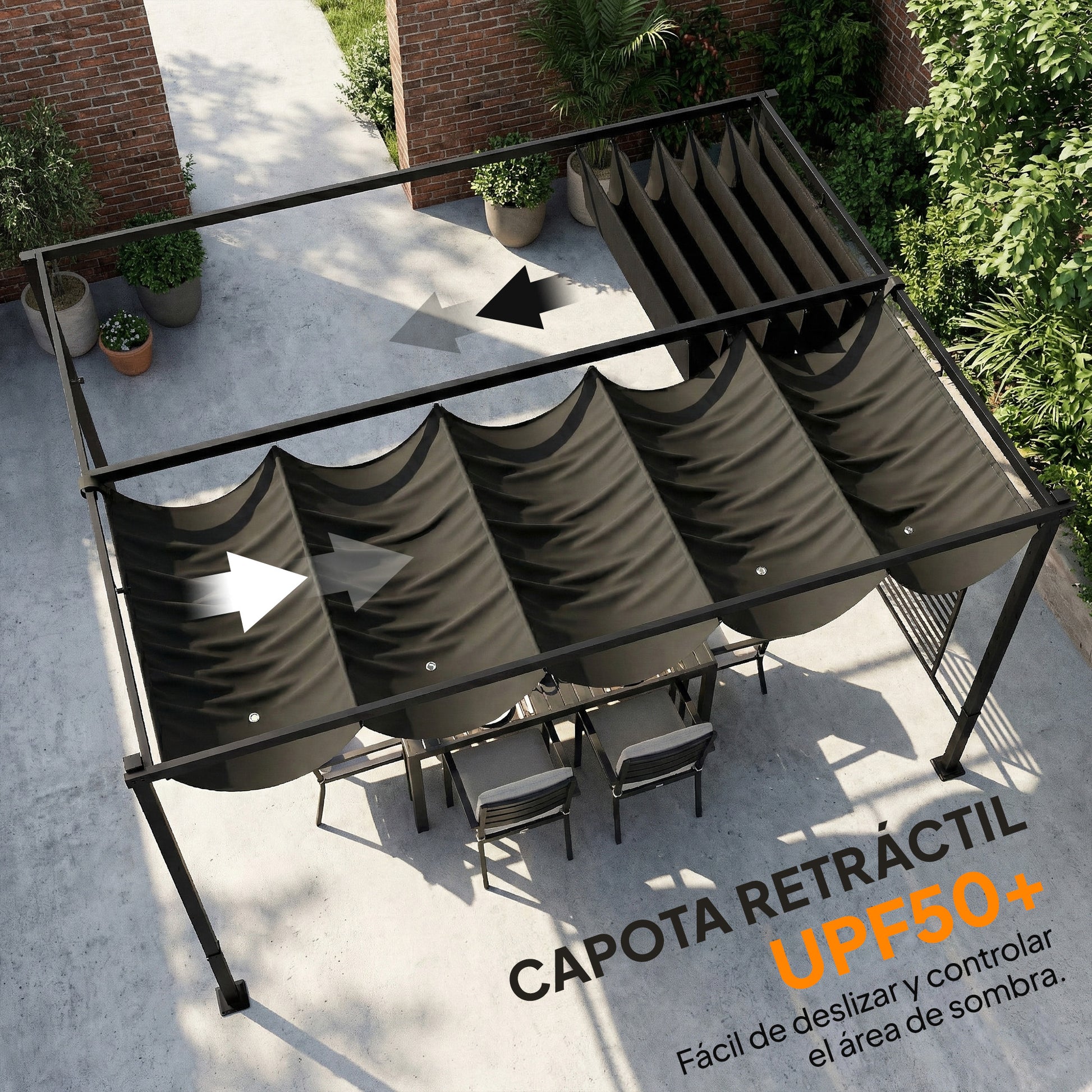 Outsunny Pérgola de Jardín 4x3 m con Techo Retráctil y 2 Paneles de Privacidad Fijos, Cenador de Jardín con Protección UPF50+, Drenaje, Estructura Metálica, Pabellón para Exterior, Gris Oscuro