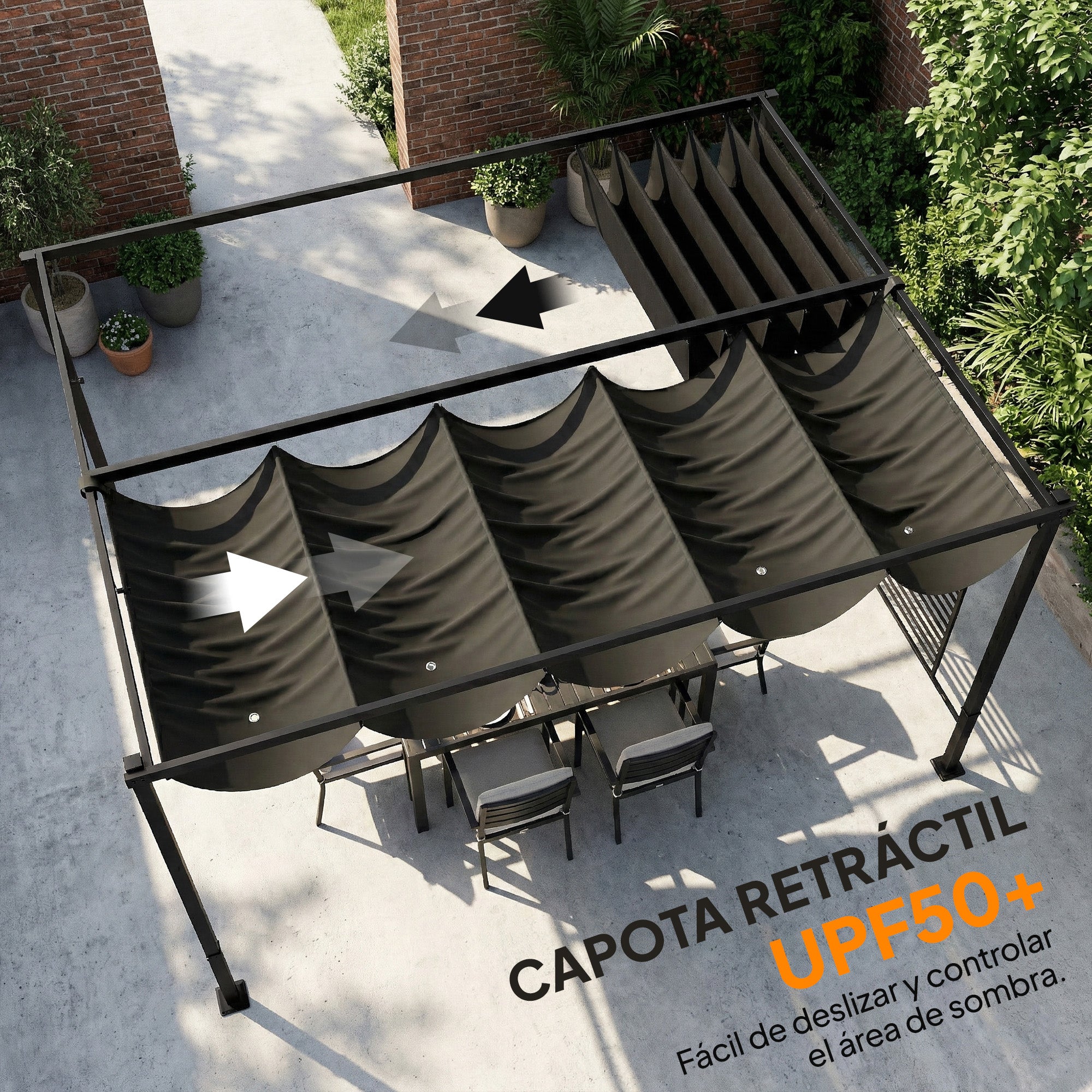 Outsunny Pérgola de Jardín 4x3 m con Techo Retráctil y 2 Paneles de Privacidad Fijos, Cenador de Jardín con Protección UPF50+, Drenaje, Estructura Metálica, Pabellón para Exterior, Gris Oscuro