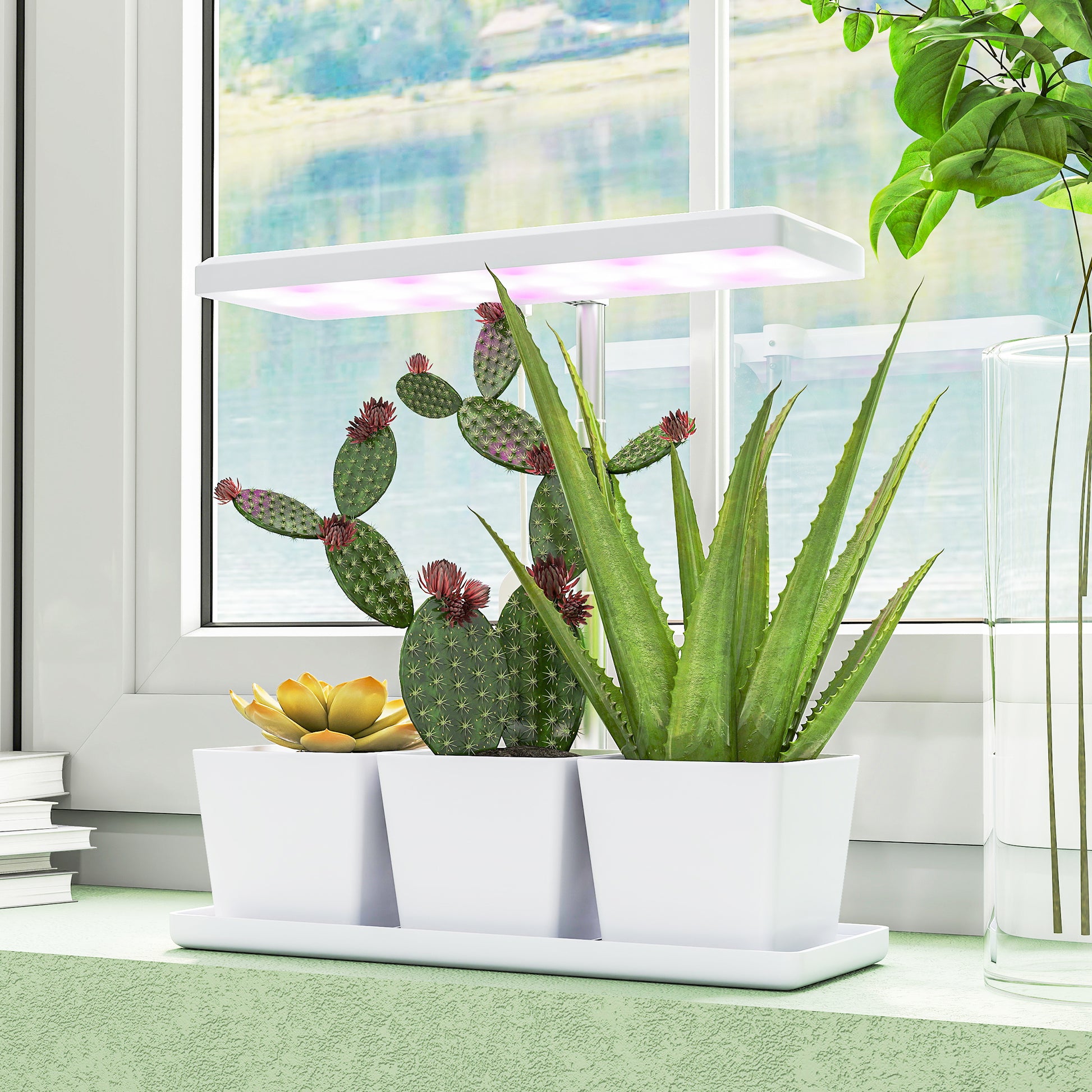 Outsunny Lámpara de Planta Interior, 30 LED, Luz de Crecimiento de Espectro Completo, Ajustable en Altura con Temporizador Automático 8/12/16/24H, 5 de Brillo y 3 Cajas para Invernadero, Jardín