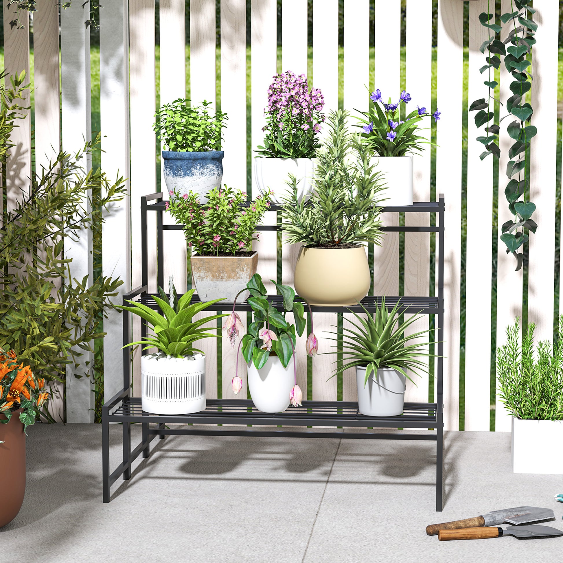 Outsunny Soporte para Plantas de 3 Niveles Estantería para Plantas para Esquina Diseño en Escalera Soporte para Macetas Interior y Exterior 75x70x66 cm Negro