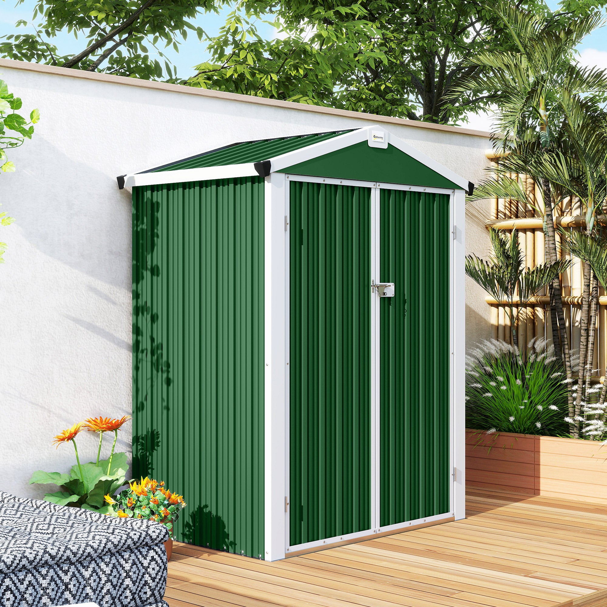 Outsunny Caseta de Jardín Exterior 1,1 m², 133x87x178 cm, Cobertizo de Jardín Exterior Metálico con Puertas Correderas, Techo Inclinado y Guantes, para Almacenaje de Herramientas Bicicletas, Verde