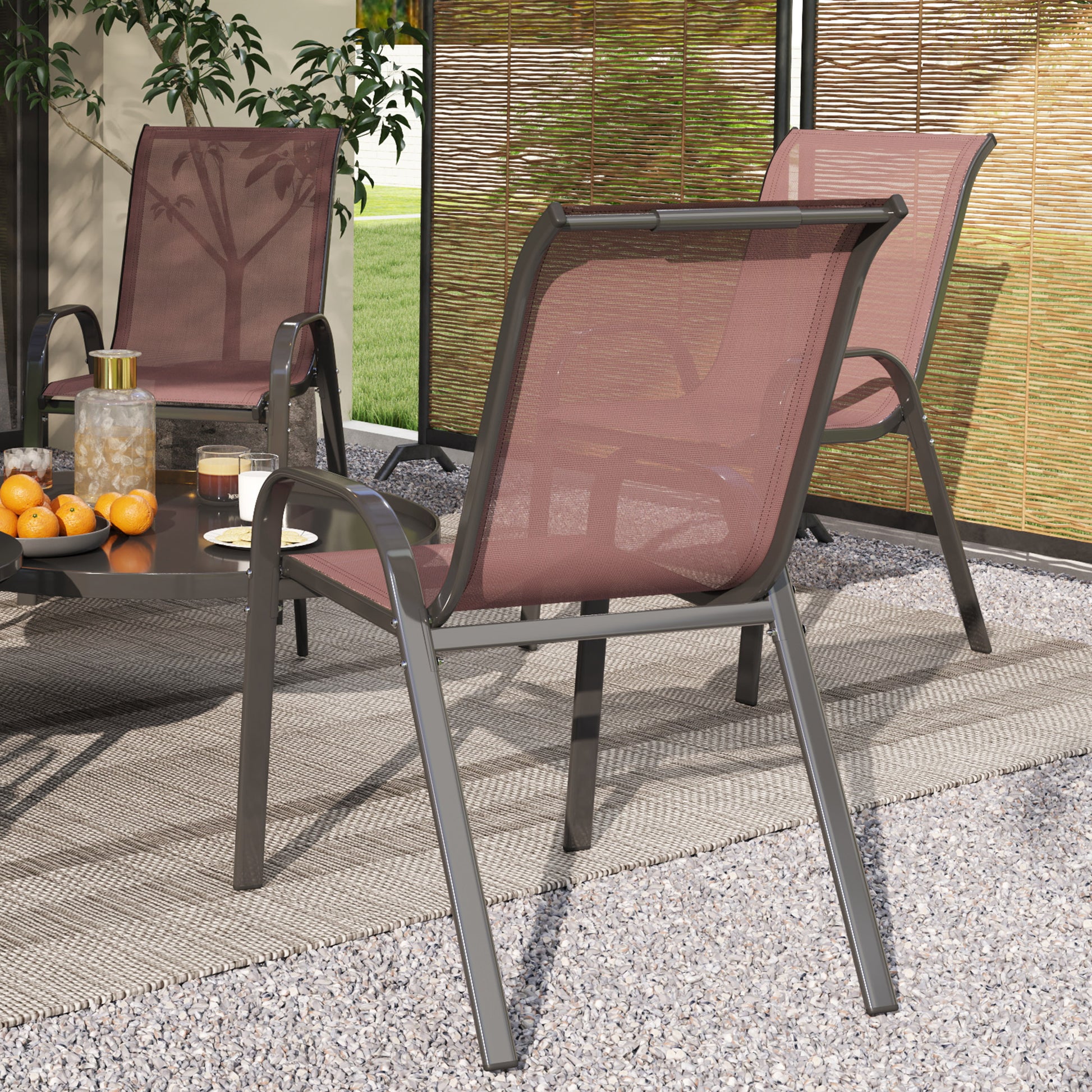 Outsunny Juego de 4 Sillas de Jardín Exterior, Sillas Terraza Exterior Apilables, Sillas de Jardín con Tela Transpirable, Marco de Acero, Reposabrazos y Respaldo, 54x71x93 cm, Marrón Oscuro y Negro