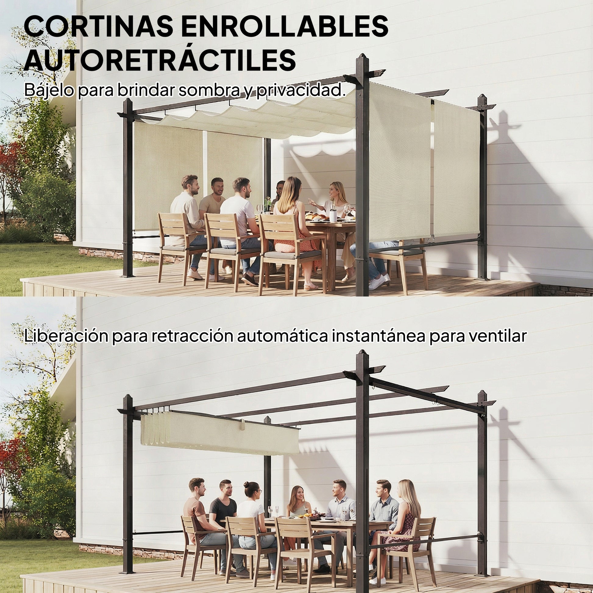 Outsunny Pérgola de Jardín 4x3 m con Techo Retráctil y 4 Cortinas Enrollables Automáticas, Cenador de Jardín con Protección UV50+, Estructura de Aluminio, Drenaje, Pabellón para Exterior, Crema