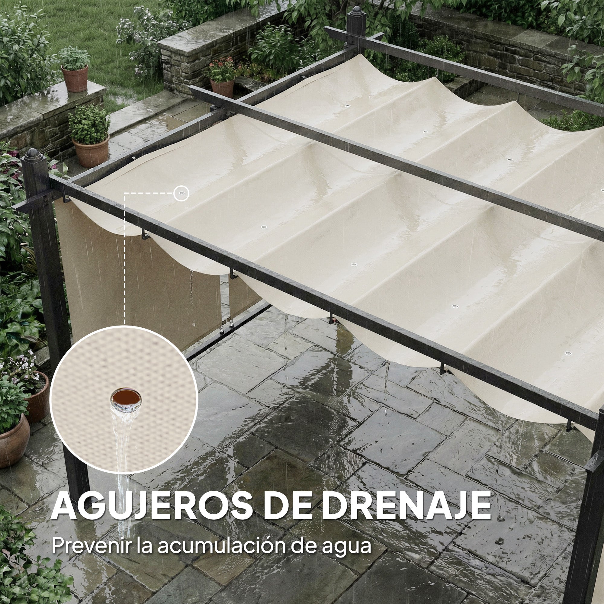 Outsunny Pérgola de Jardín 4x3 m con Techo Retráctil y 4 Cortinas Enrollables Automáticas, Cenador de Jardín con Protección UV50+, Estructura de Aluminio, Drenaje, Pabellón para Exterior, Crema