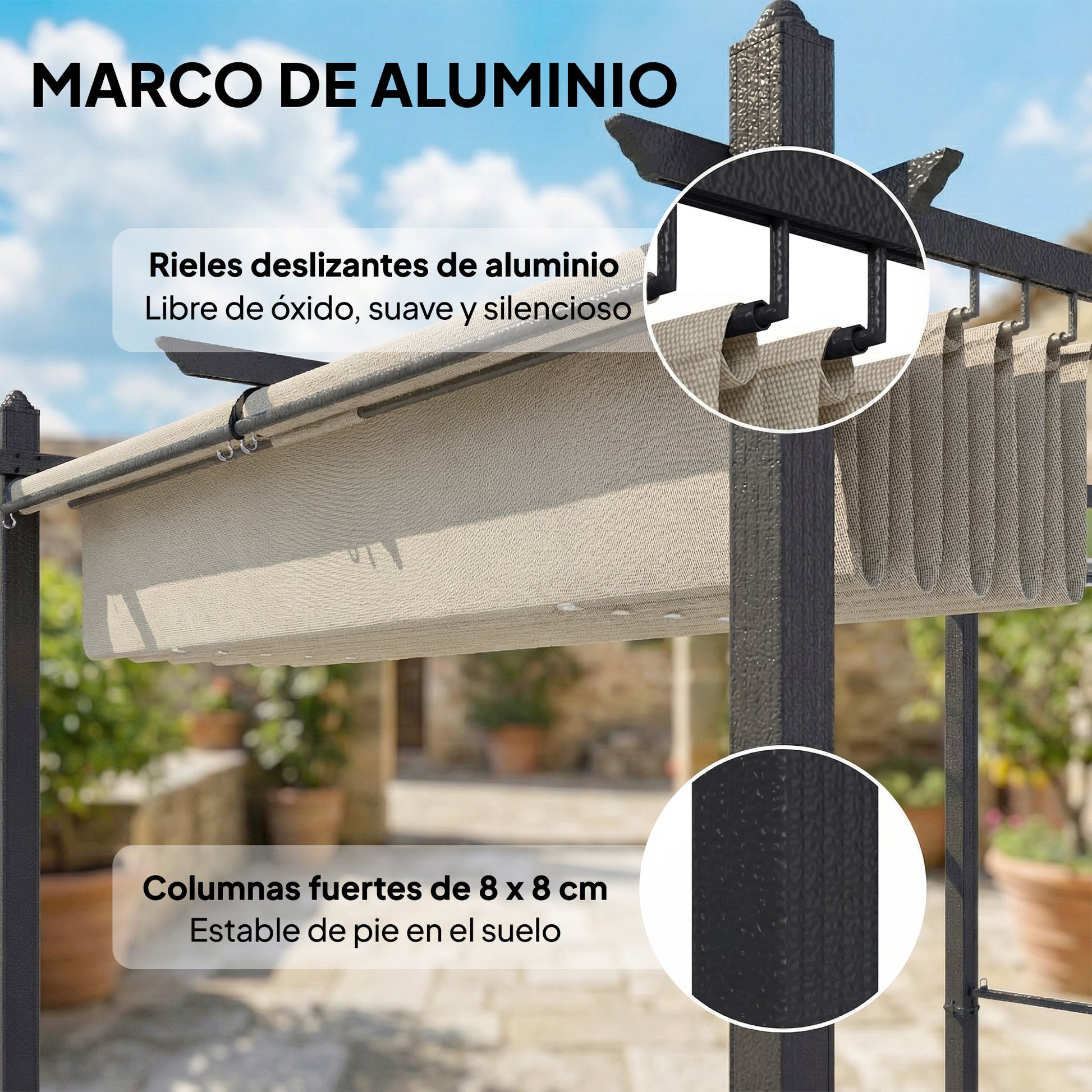 Outsunny Pérgola de Jardín 4x3 m con Techo Retráctil y 4 Cortinas Enrollables Automáticas, Cenador de Jardín con Protección UV50+, Estructura de Aluminio, Drenaje, Pabellón para Exterior, Crema
