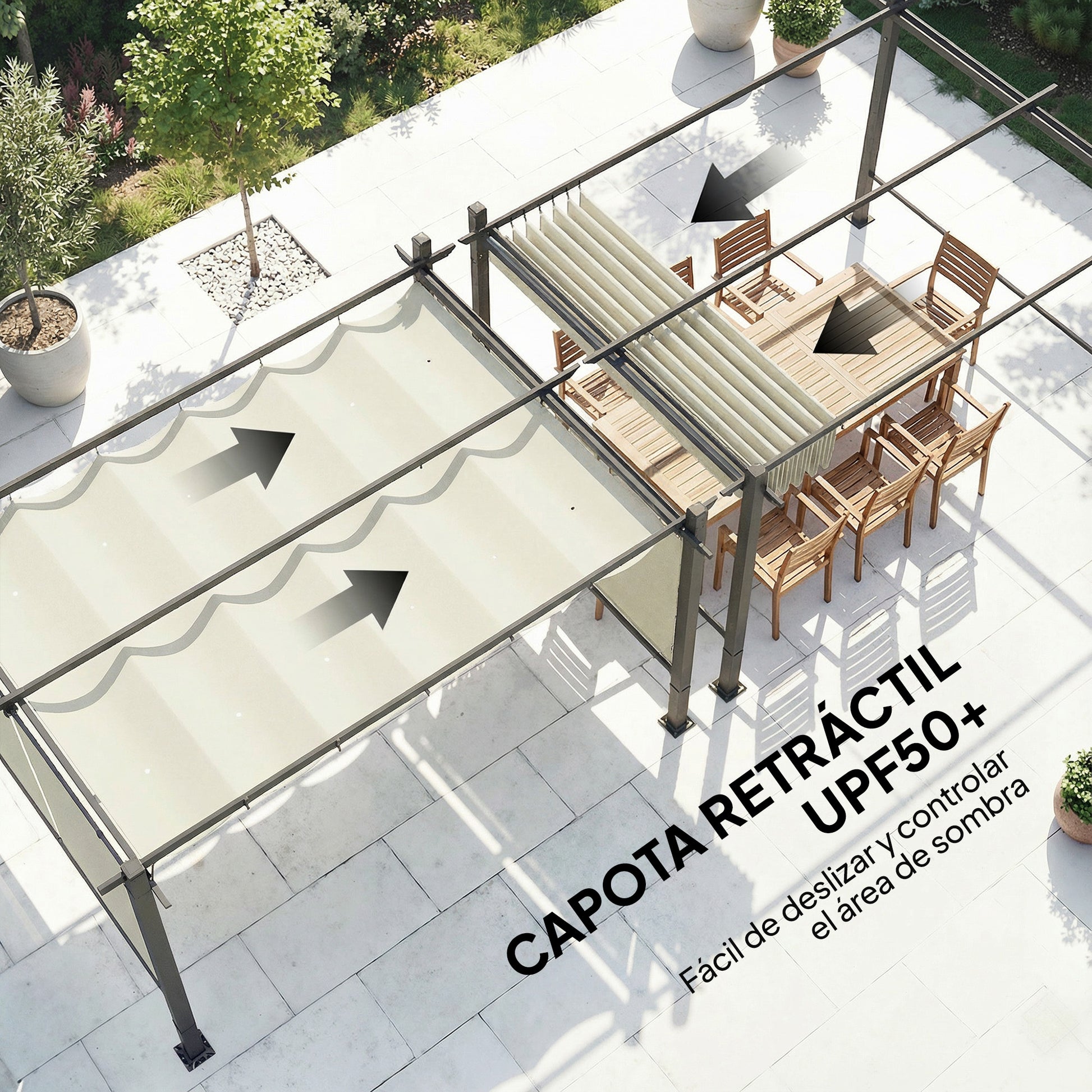 Outsunny Pérgola de Jardín 4x3 m con Techo Retráctil y 4 Cortinas Enrollables Automáticas, Cenador de Jardín con Protección UV50+, Estructura de Aluminio, Drenaje, Pabellón para Exterior, Crema