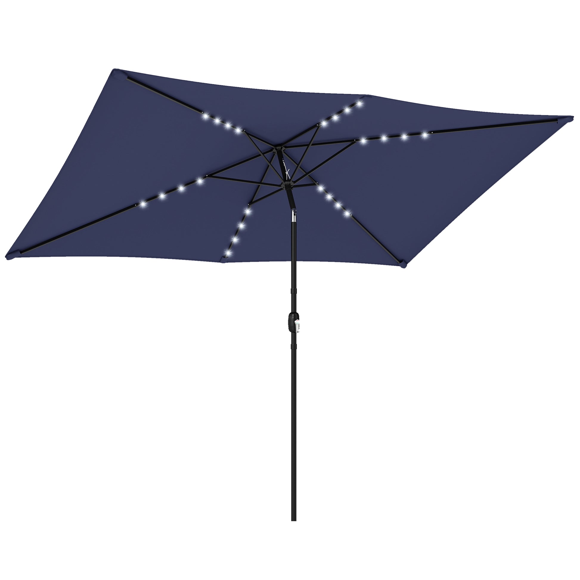 Outsunny Sombrilla Terraza Exterior, 2,9x2,5 m, Sombrilla de Jardín con 24 Luces LED Solares, Dosel Inclinable, Poste Metálico, Parasol para Patio, Terraza, Azul Oscuro