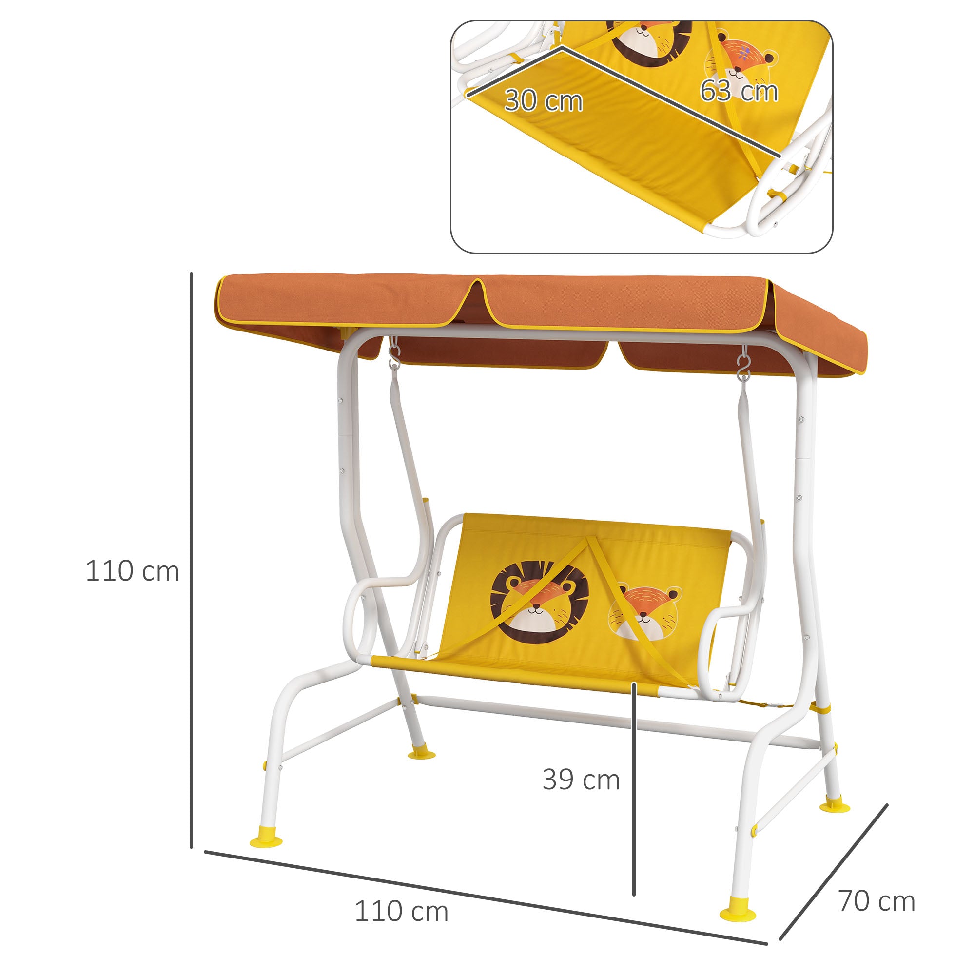 Outsunny Balancín de Jardín Exterior Columpio de Jardín Infantil de 2 Plazas con Patrón de León Toldo Ajustable en Ángulo Carga 60 kg 110x70x110 cm Amarillo