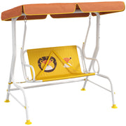 Outsunny Balancín de Jardín Exterior Columpio de Jardín Infantil de 2 Plazas con Patrón de León Toldo Ajustable en Ángulo Carga 60 kg 110x70x110 cm Amarillo