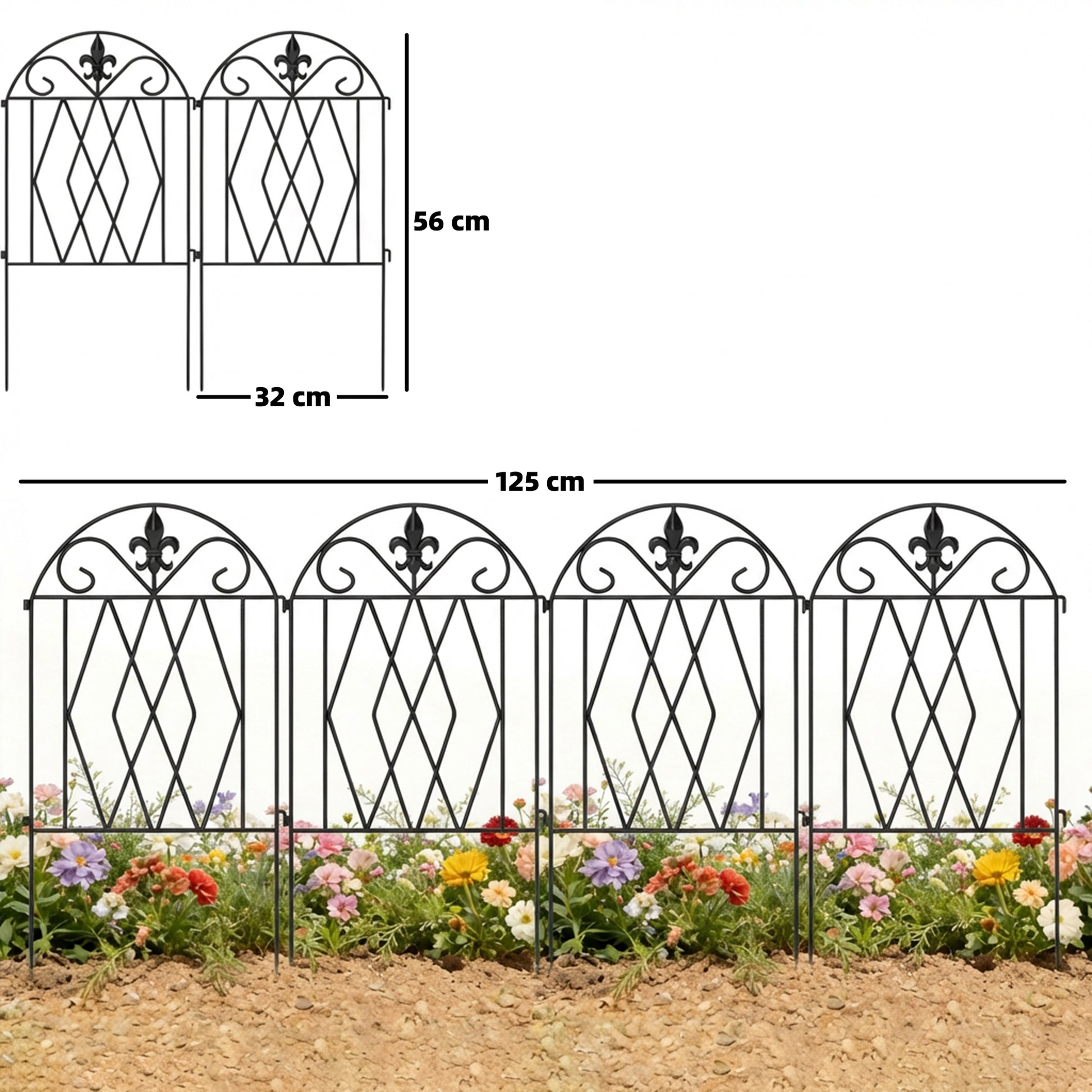 Outsunny Set de 4 Vallas de Jardín de Metal, 125x56 cm, Vallas de Jardín Exterior Decorativas con Diseño Arqueado, Resistente y Fácil de Instalar, para Huerto, Patio, Terraza, Césped, Negro