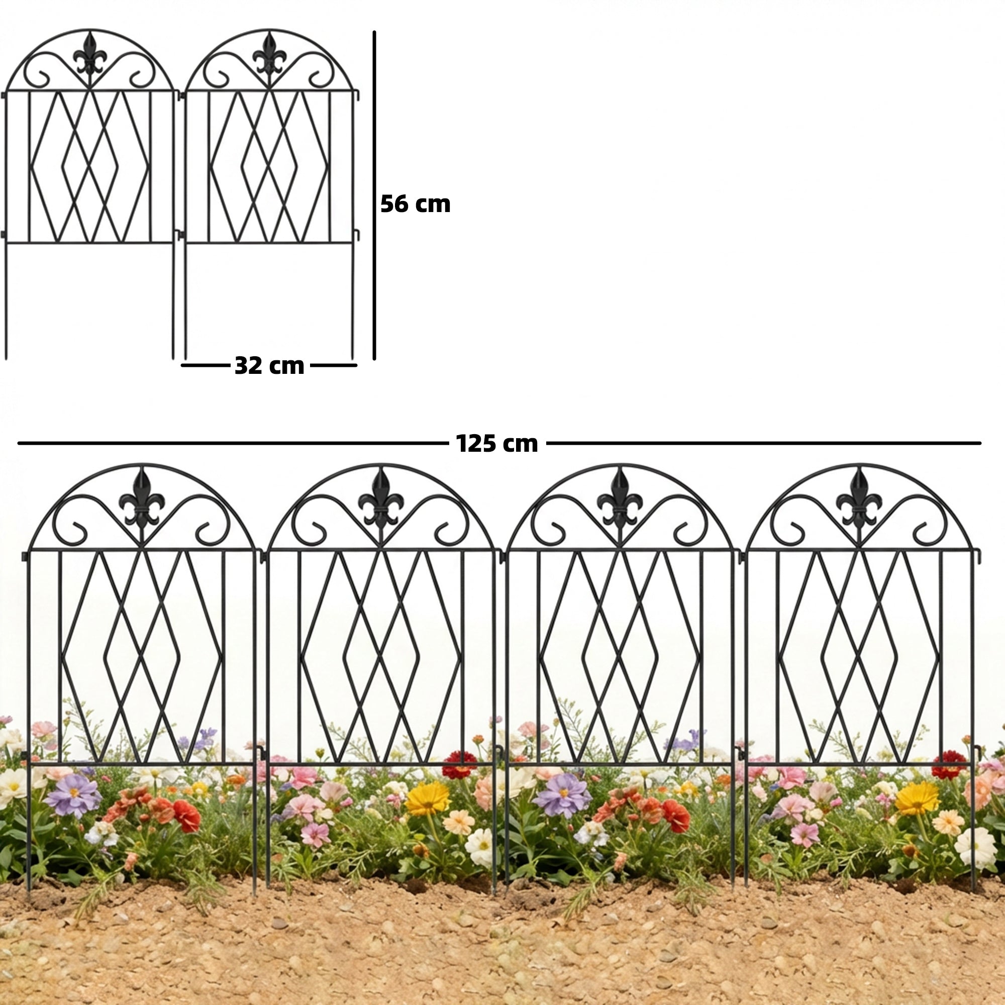 Outsunny Set de 4 Vallas de Jardín de Metal, 125x56 cm, Vallas de Jardín Exterior Decorativas con Diseño Arqueado, Resistente y Fácil de Instalar, para Huerto, Patio, Terraza, Césped, Negro