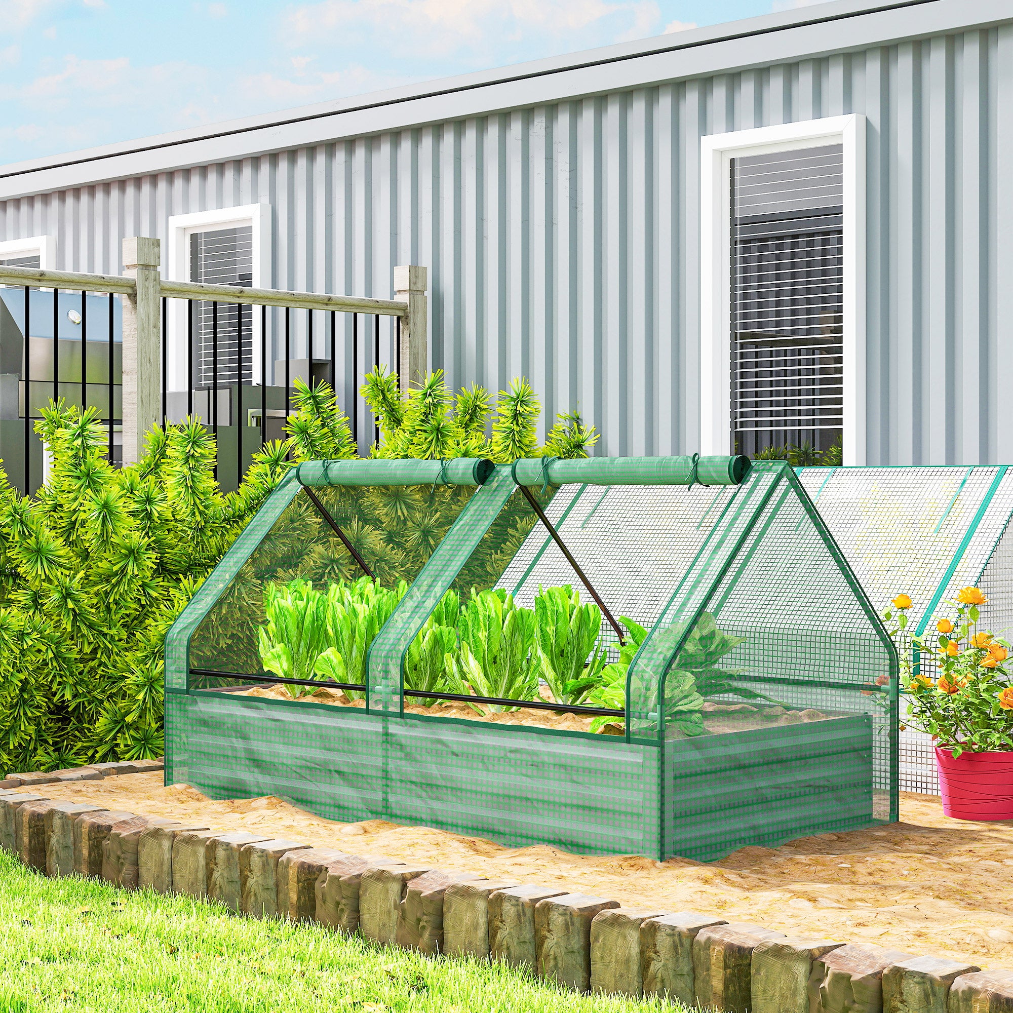 Outsunny Jardinera Exterior Grande con Mini Invernadero, Huerto Urbano de Acero Galvanizado con Base Abierta, Resistente a la Intemperie, para Patio, Terraza, Balcón, 185x95x92 cm, Gris y Verde