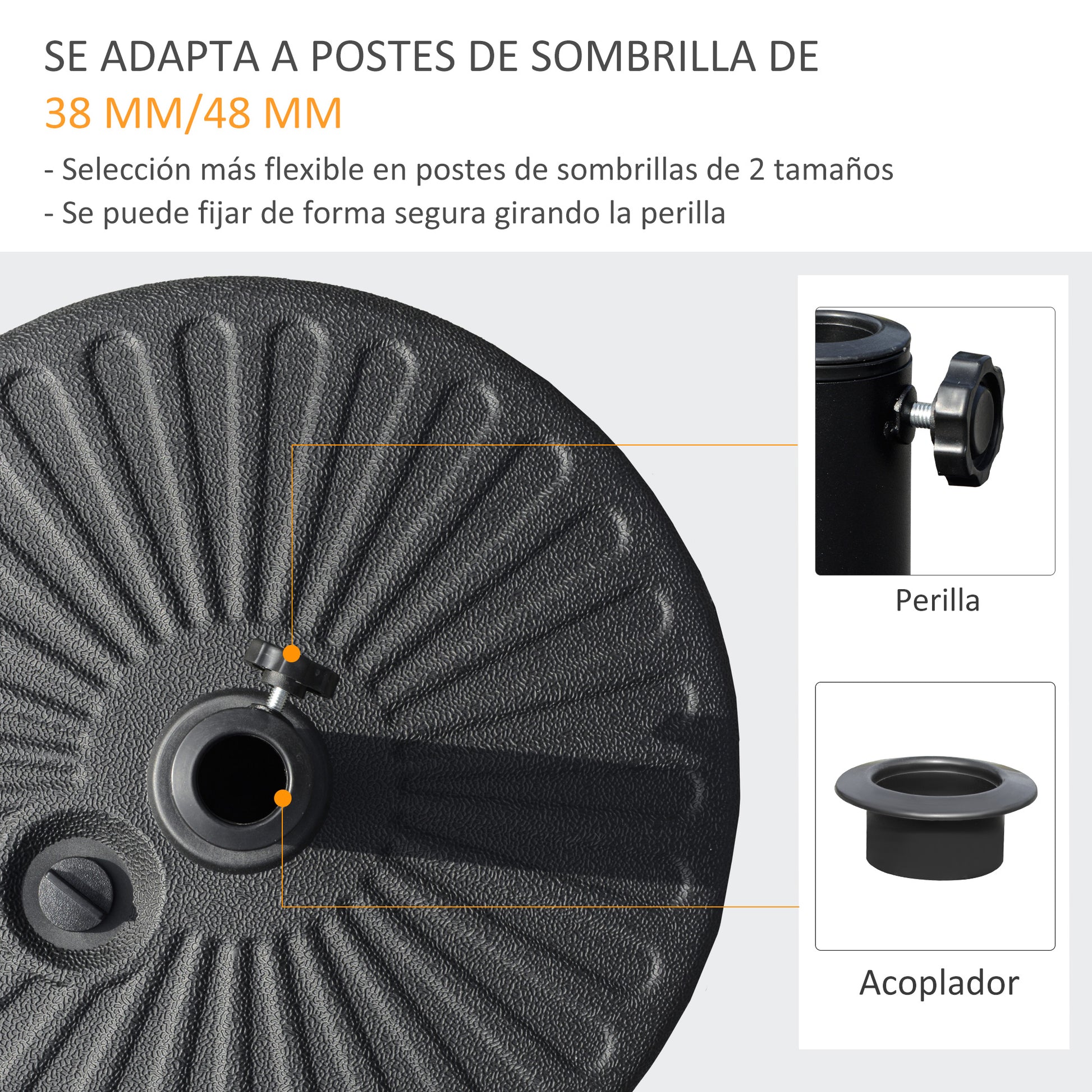 Outsunny Base de Sombrilla de Jardín Rellenable de Agua 22 kg Soporte de Parasol Redondo Apto para Postes de 38mm/48mm Portátil para Terraza Patio Ø51x30,5 cm Negro