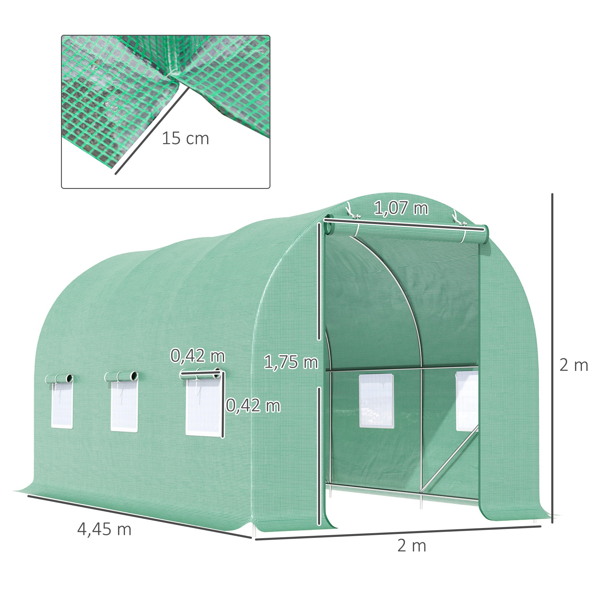 Outsunny Invernadero de Túnel 445x200x200 cm Invernadero de Jardín con 6 Ventanas 1 Puerta y Cubierta de Polietileno PE 140 g/m² para Cultivar Plantas Verduras Frutas en Terraza Patio Verde
