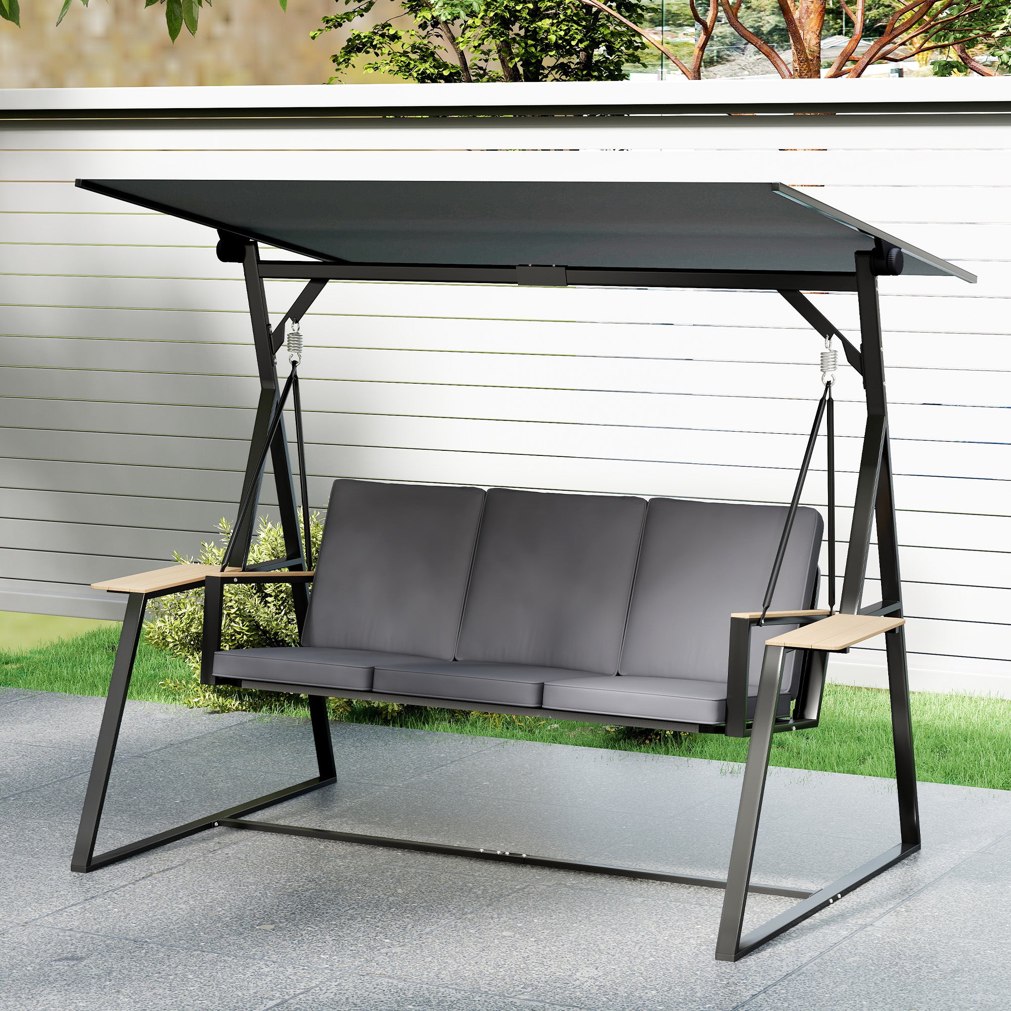 Outsunny Columpio de Jardín de 3 Plazas, Balancín de Jardín Exterior con Techo Ajustable UPF50+, 2 Bandejas, Cojines y Marco de Metal, para Balcón, Terraza, Patio, Carga 360 kg, 222x131x175 cm, Gris