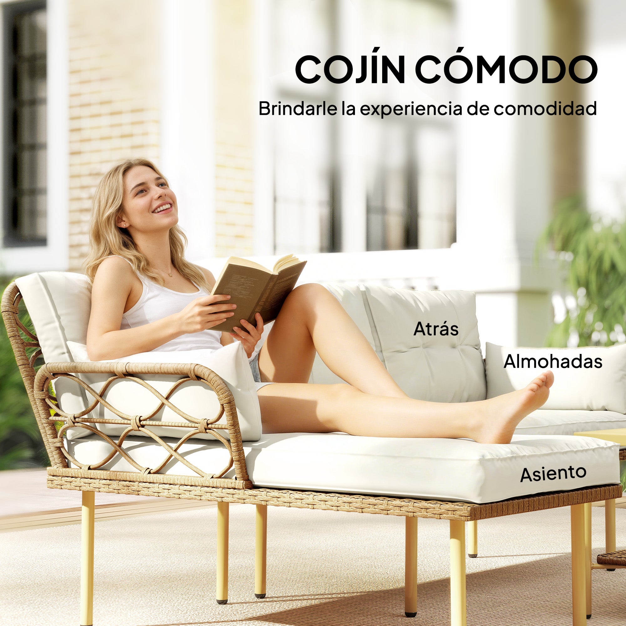 Outsunny Conjunto de Jardín de Ratán, Juego de 3 Piezas Muebles Jardín Exterior con 1 Sofá de 2 Plazas, 1 Sofá Esquinera, 1 Mesa de Centro Metálica de 2 Niveles y Cojines, Anti-UV, para Patio, Crema
