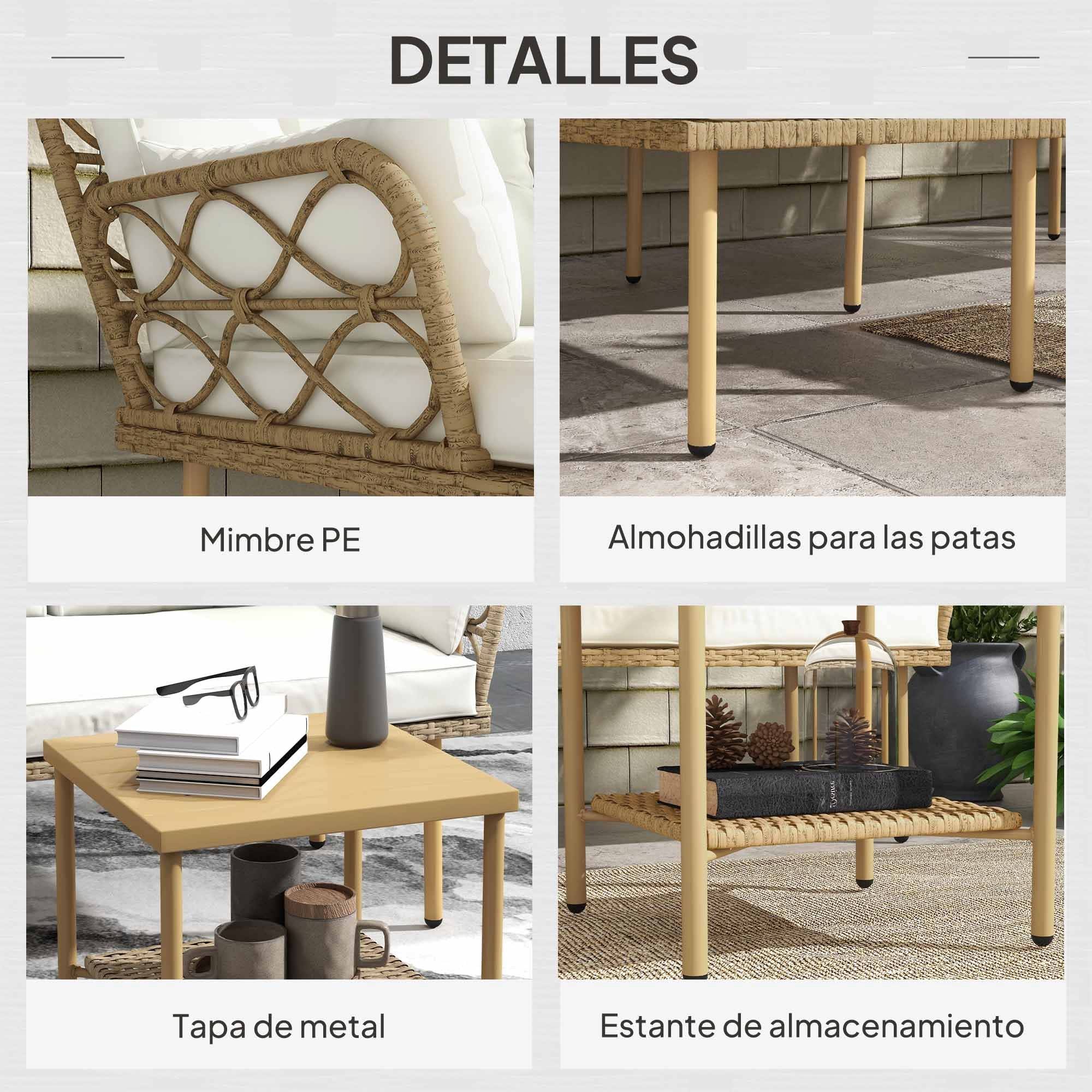 Outsunny Conjunto de Jardín de Ratán, Juego de 3 Piezas Muebles Jardín Exterior con 1 Sofá de 2 Plazas, 1 Sofá Esquinera, 1 Mesa de Centro Metálica de 2 Niveles y Cojines, Anti-UV, para Patio, Crema