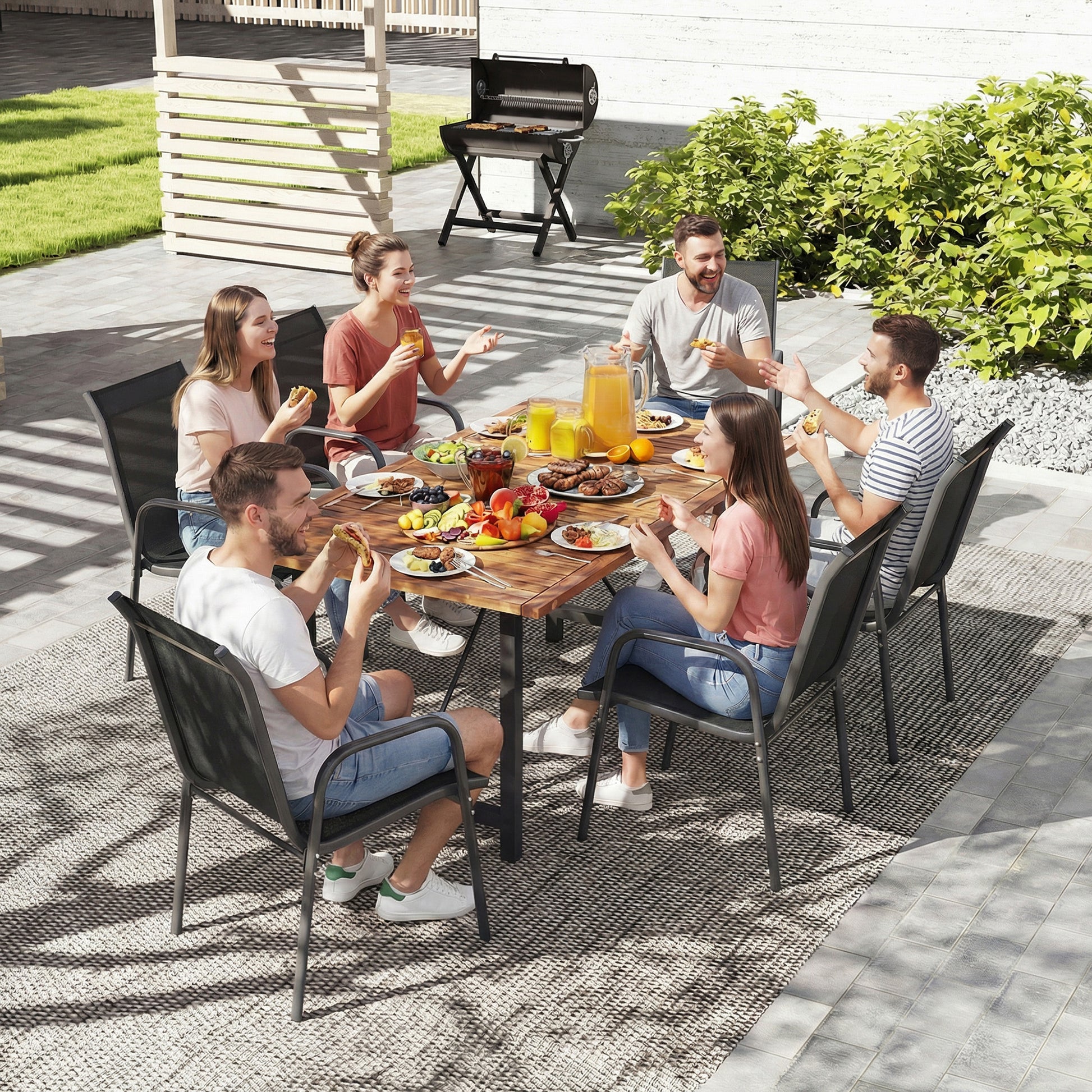 Outsunny Juego de 6 Sillas de Jardín Exterior Apilables, Sillas Terraza Exterior con Reposabrazos, Asiento y Respaldo de Malla Transpirable, Estructura Metálica Resistente, 51x69x87 cm, Negro