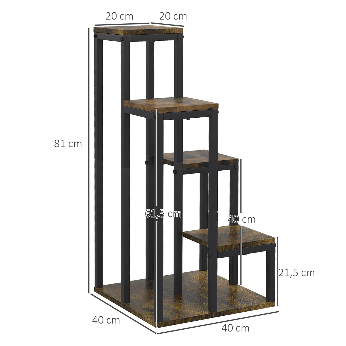 Outsunny Soporte para Plantas de Madera de 4 Niveles, Estantería para Plantas con Base Multiusos, Soporte para Macetas para Interior y Exterior, Balcón, Terraza, Jardín, 40x40x81 cm, Marrón Rústico