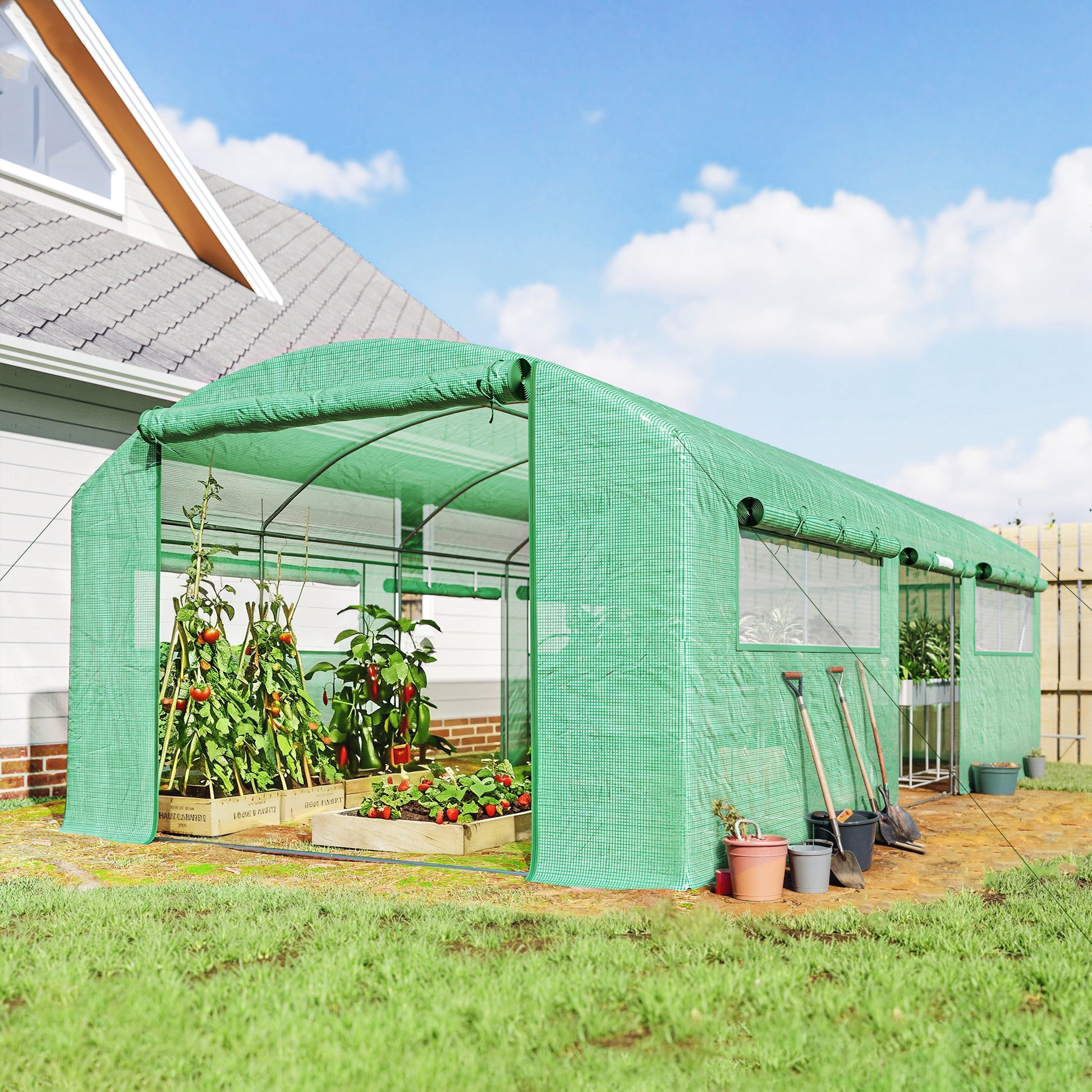 Outsunny Invernadero de Exterior 6x3x2 m, Invernadero de Túnel con 3 Puertas Enrollables, Ventanas de Malla, Cubierta PE 140g/m² Anti-UV y Marco de Acero Galvanizado, para Cultivos, Plantas, Verde