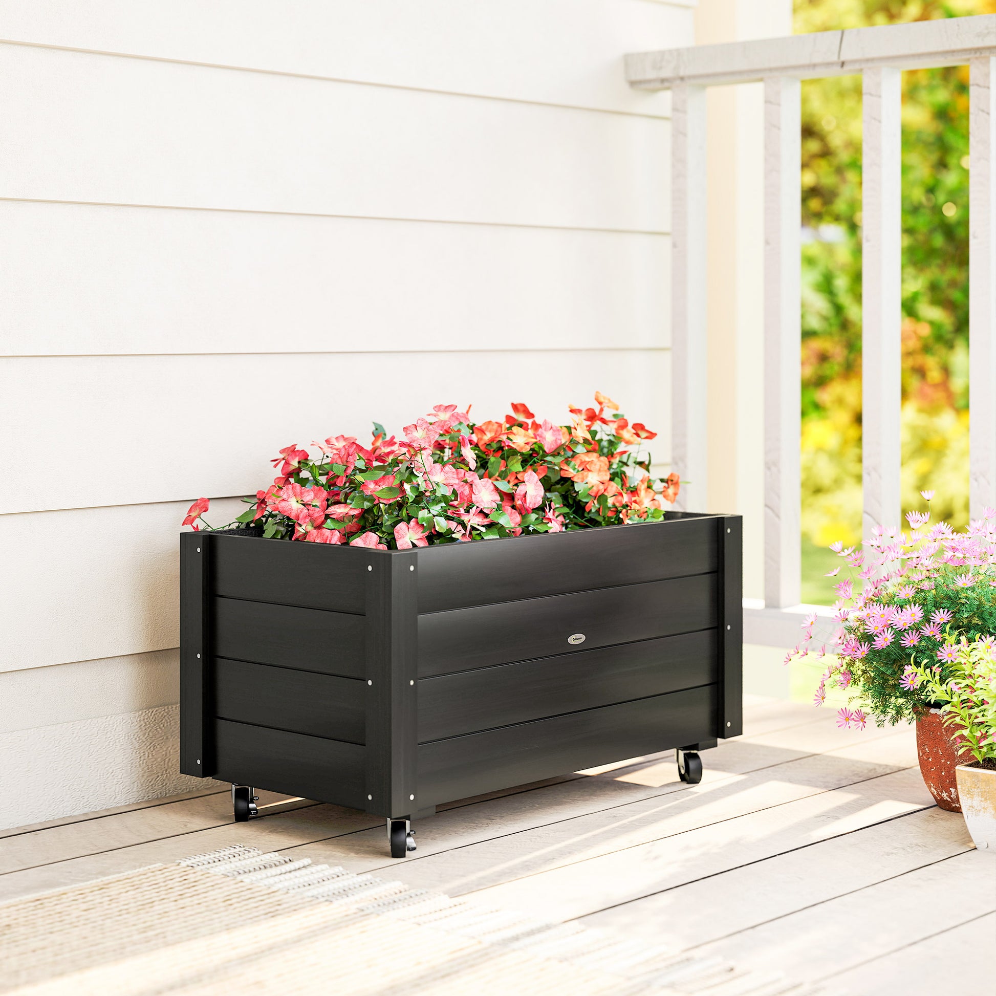Outsunny Jardinera de Madera con Ruedas, Huerto Urbano para Cultivar Plantas, Macetero Exterior con Orificios de Drenaje y Tela no Tejida, para Jardin, Terraza, Balcón y Patio, 89x48x47 cm, Negro