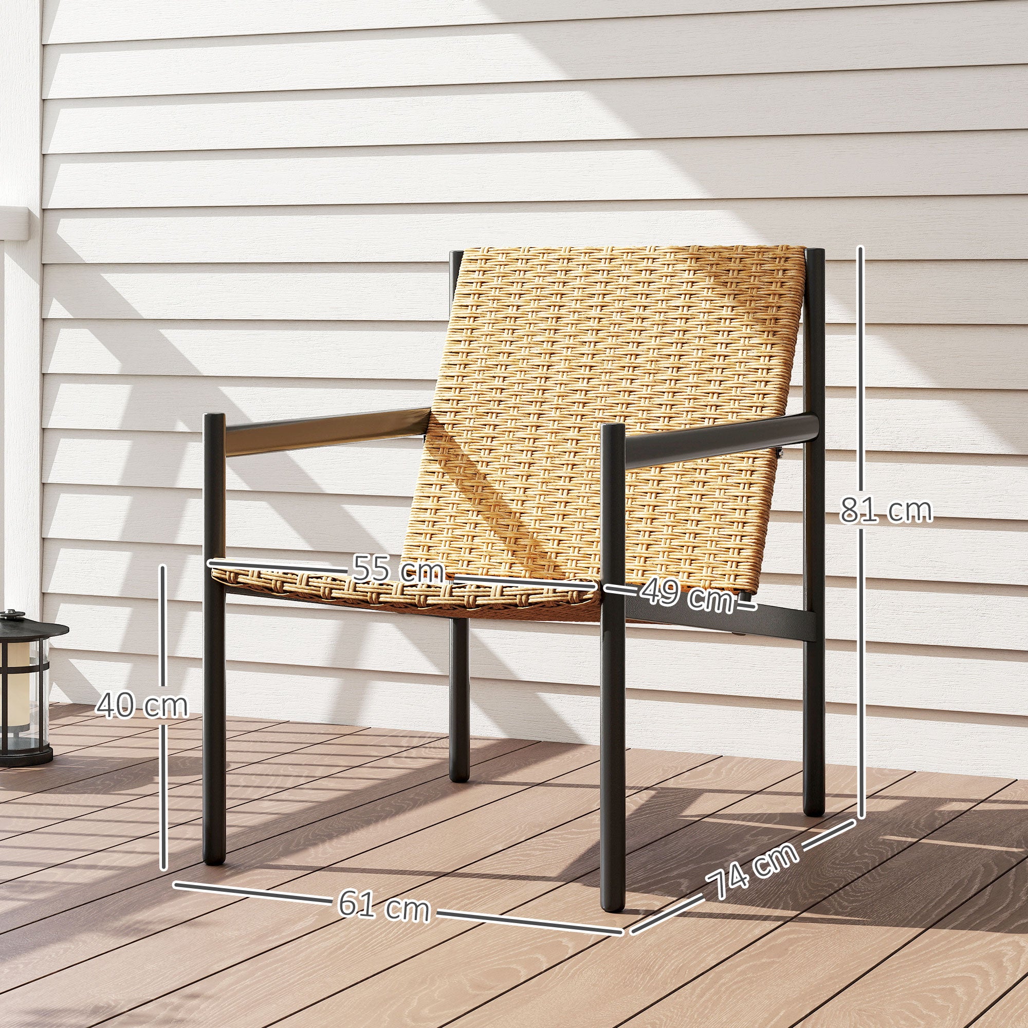 Outsunny Silla de Ratán de Jardín Individual Silla para Exterior Resistente a la Intemperie con Reposabrazos Respaldo Inclinado y Estructura de Acero Carga 120 kg para Terraza Patio Balcón Natural