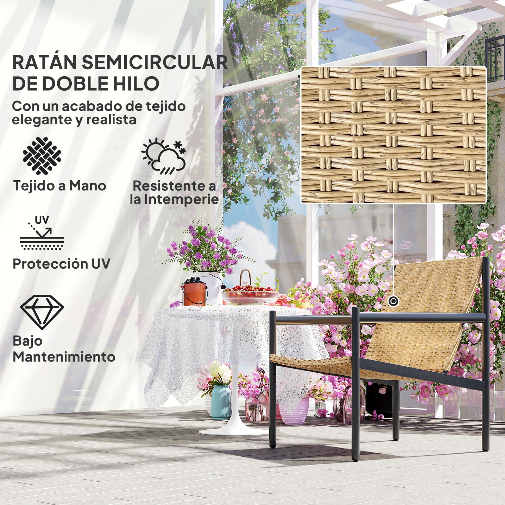 Outsunny Silla de Ratán de Jardín Individual Silla para Exterior Resistente a la Intemperie con Reposabrazos Respaldo Inclinado y Estructura de Acero Carga 120 kg para Terraza Patio Balcón Natural
