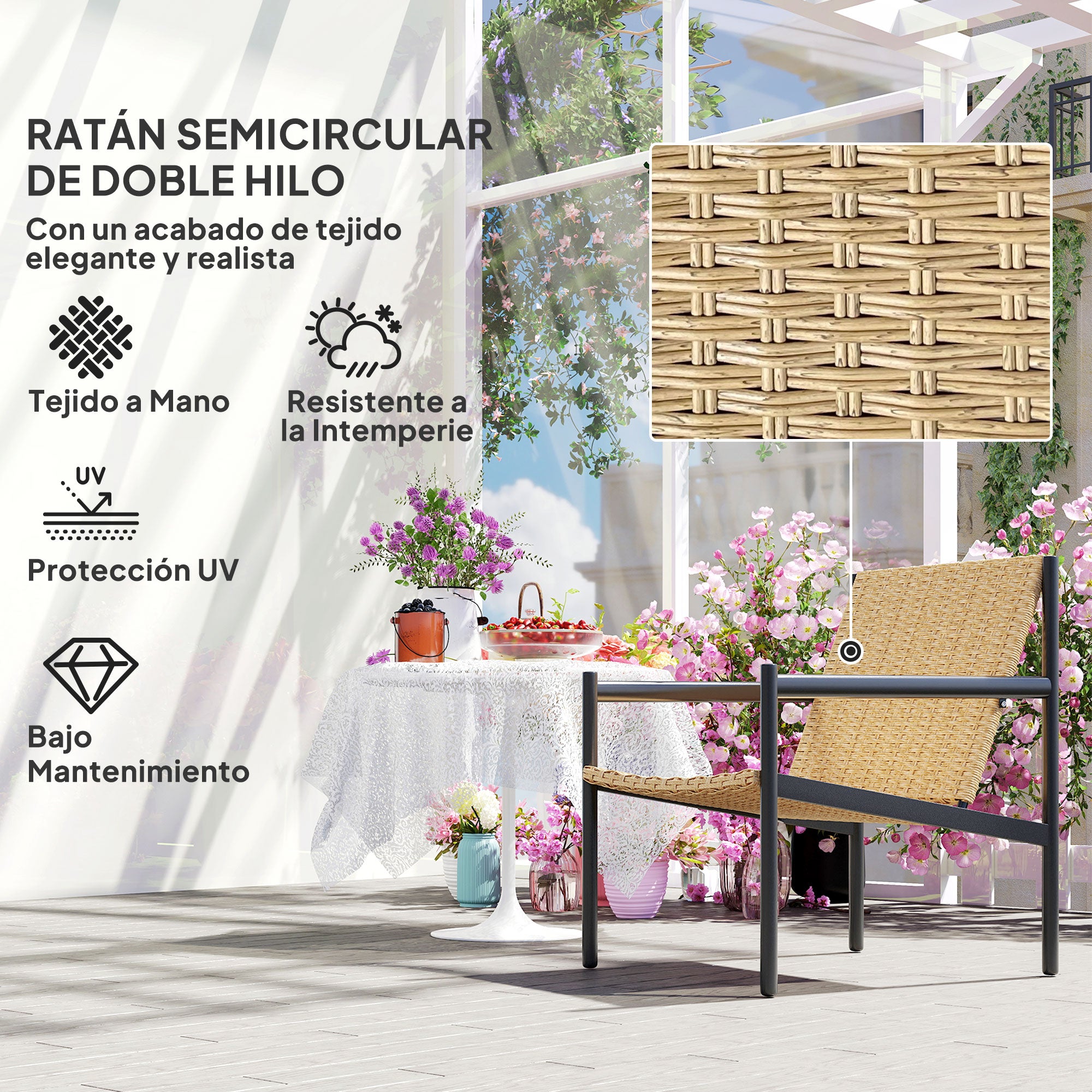 Outsunny Silla de Ratán de Jardín Individual Silla para Exterior Resistente a la Intemperie con Reposabrazos Respaldo Inclinado y Estructura de Acero Carga 120 kg para Terraza Patio Balcón Natural