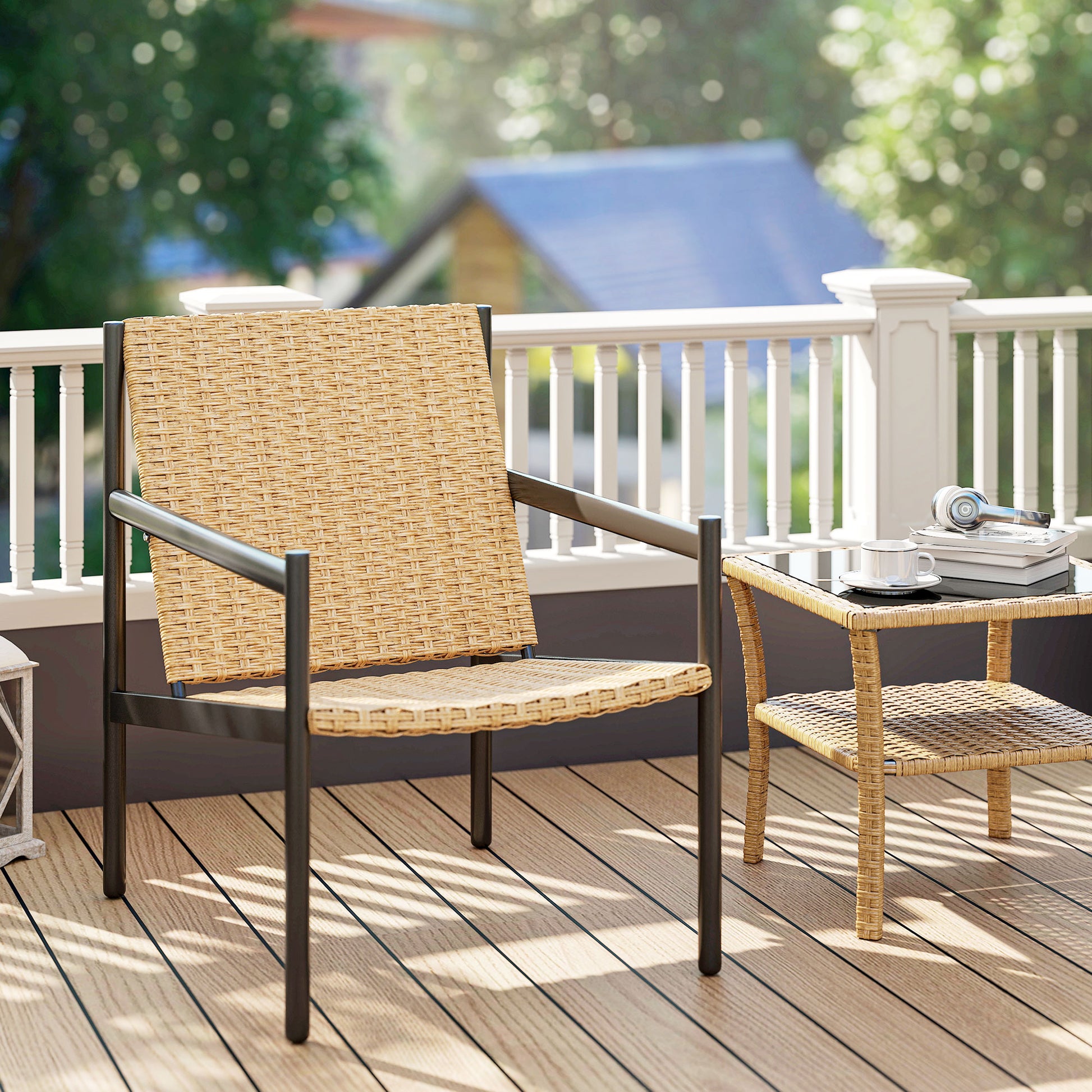 Outsunny Silla de Ratán de Jardín Individual Silla para Exterior Resistente a la Intemperie con Reposabrazos Respaldo Inclinado y Estructura de Acero Carga 120 kg para Terraza Patio Balcón Natural