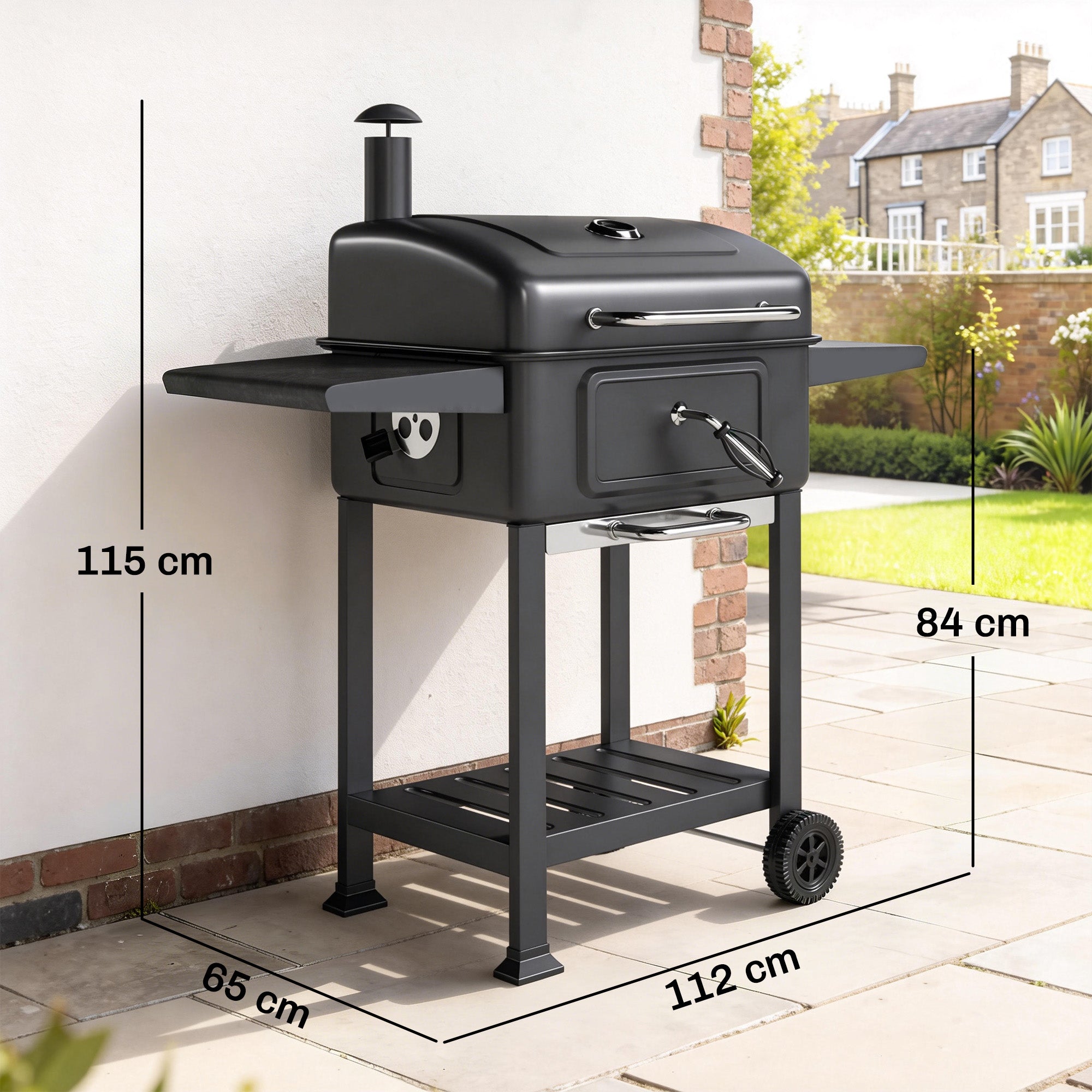 Outsunny Barbacoa de Carbón Portátil, Barbacoa de Carbón con Bandeja y Ventilación Ajustable, Gran Parrilla, Estantes Laterales, Termómetro, Tapa, Chimenea, Cajón de Cenizas, Ruedas, Puerta, Negro