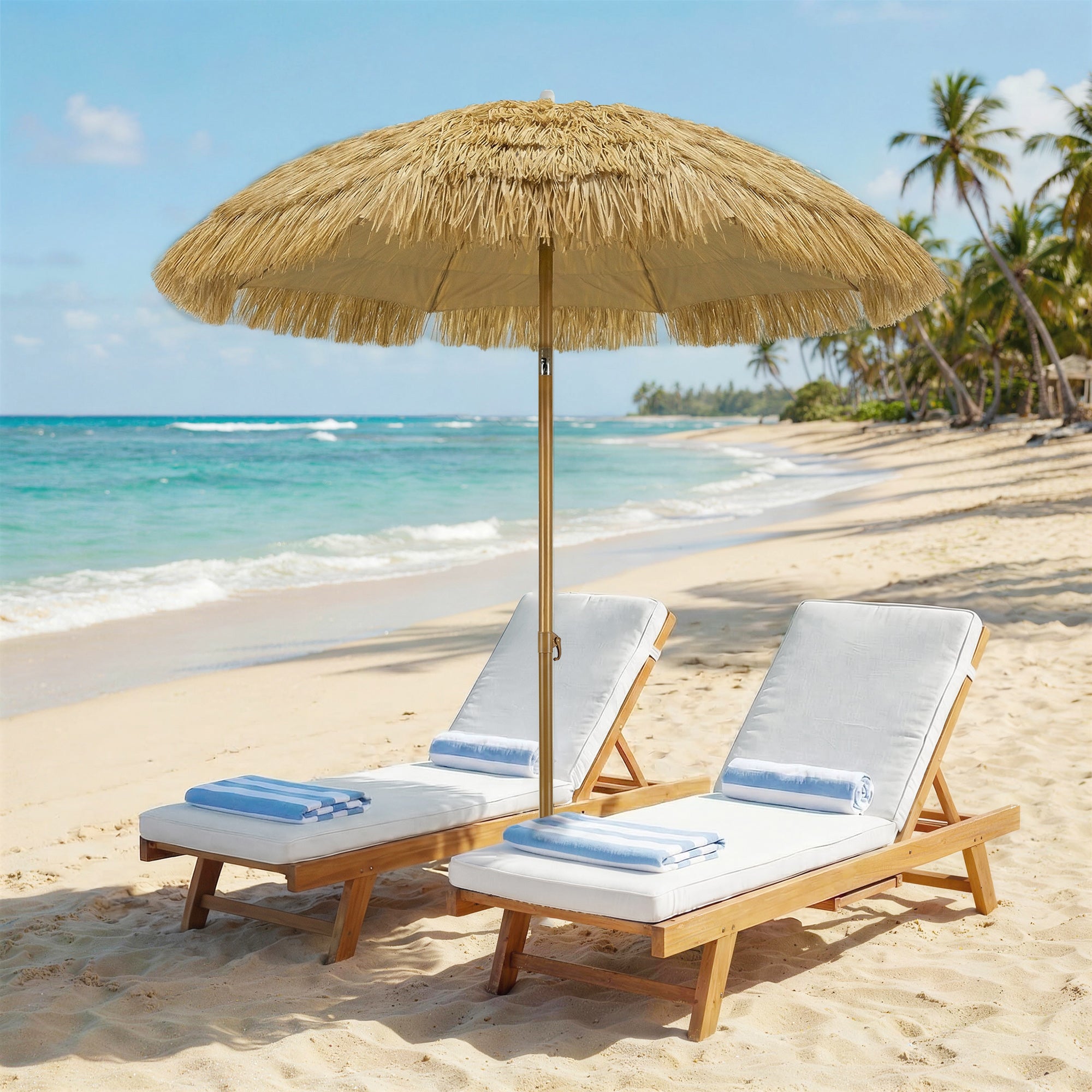 Outsunny Sombrilla de Playa con Flecos de Paja Ø178 cm, Sombrilla de Terraza Exterior con Inclinación, Altura Ajustable, UV50+, Bolsa de Transporte, Anclaje de Arena, Marrón Claro