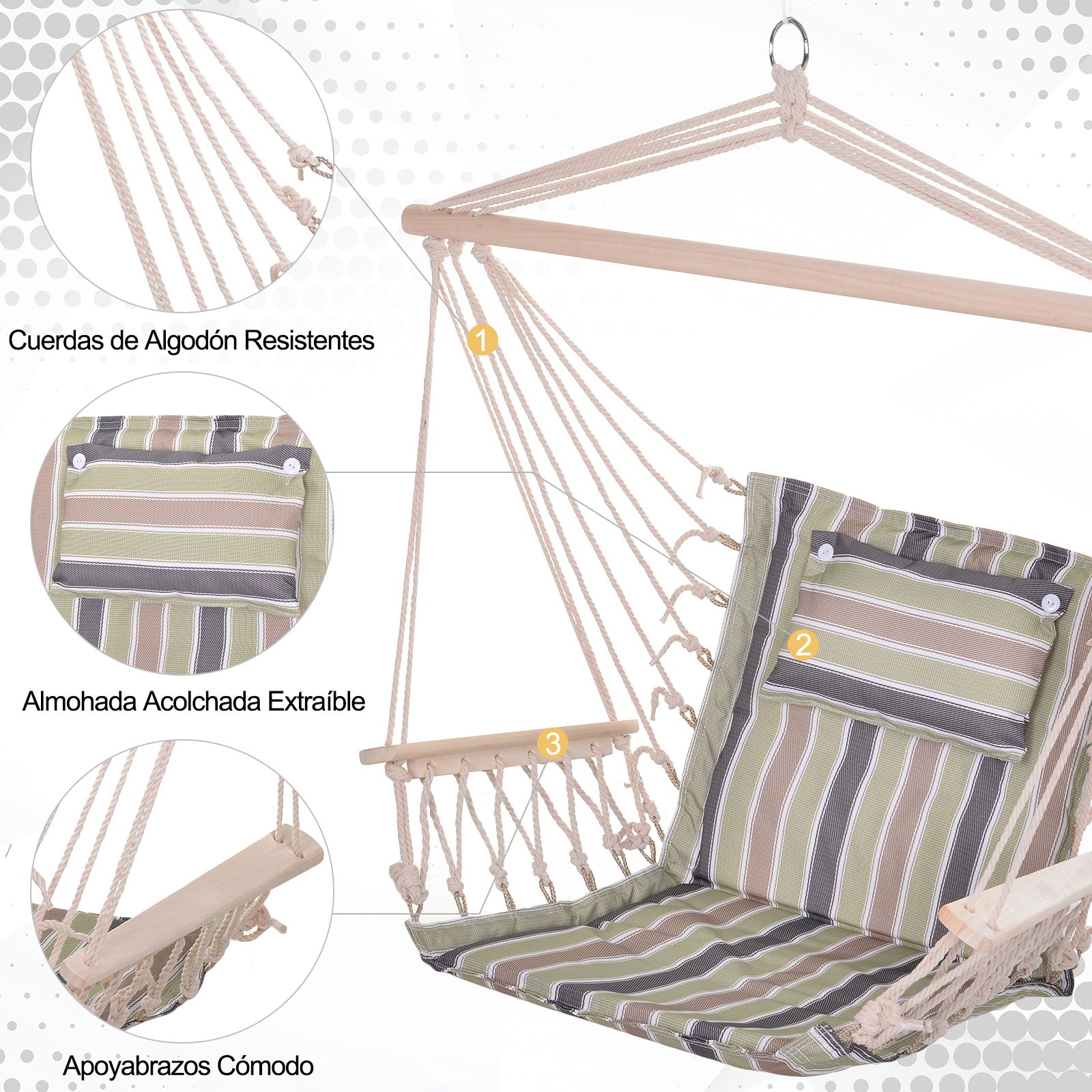 Outsunny Silla Colgante Estampado Rayas Hamaca con Cojín Reposacabezas para Interior Exterior 100x106 cm Carga Máx. 100 kg