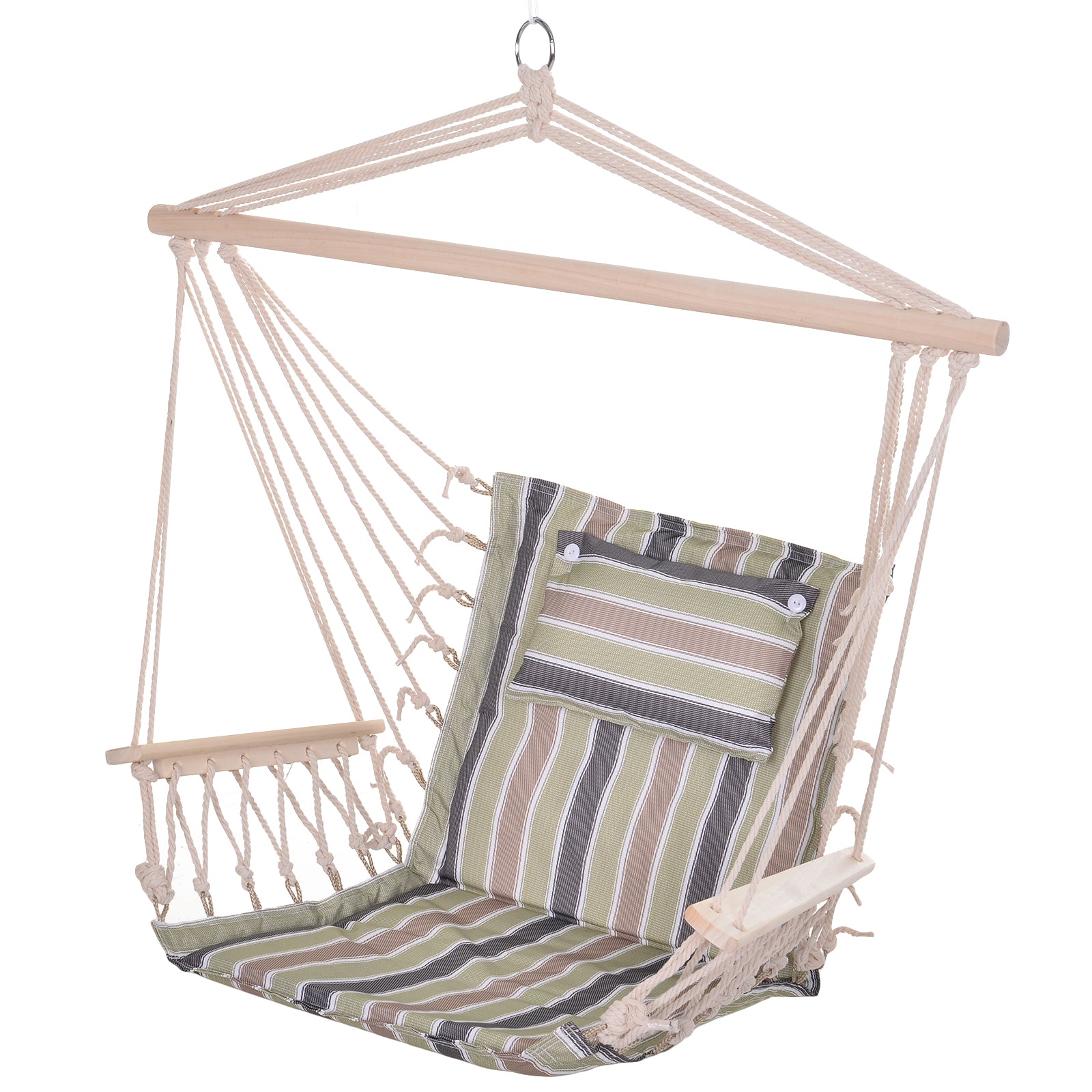 Outsunny Silla Colgante Estampado Rayas Hamaca con Cojín Reposacabezas para Interior Exterior 100x106 cm Carga Máx. 100 kg