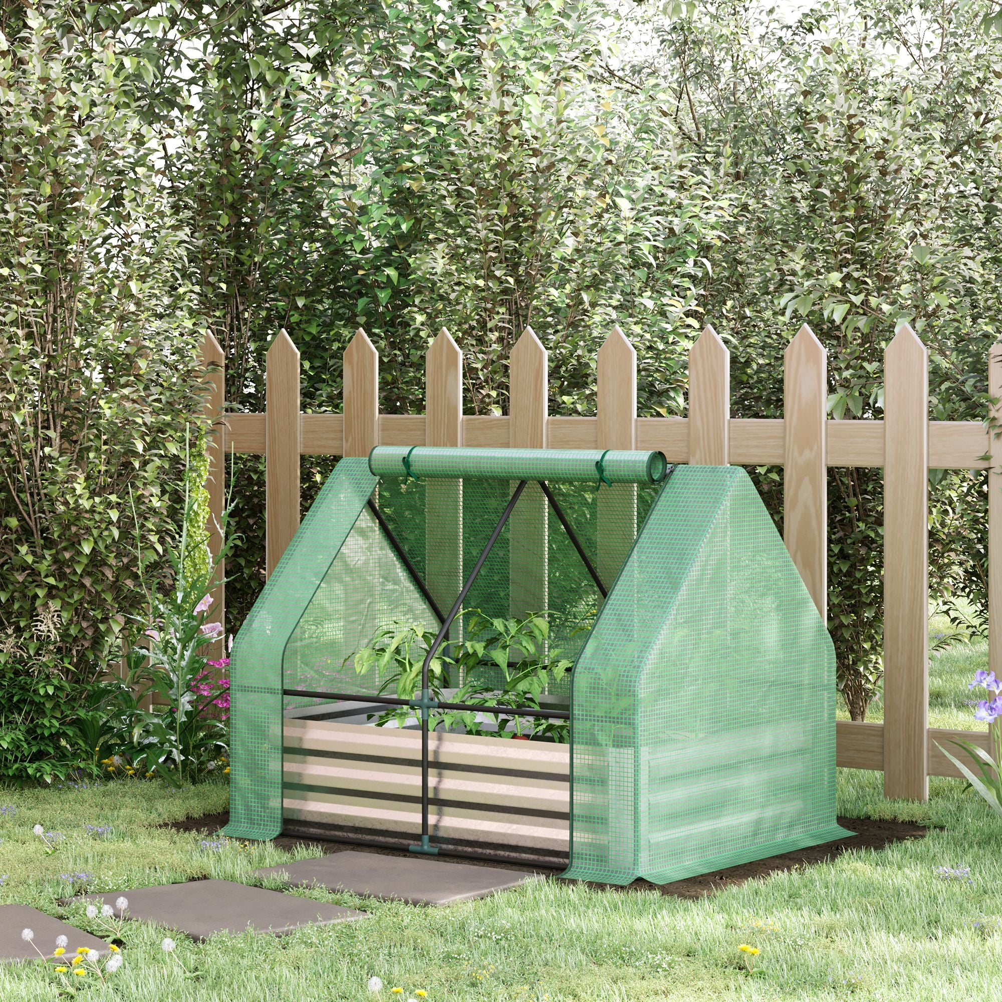 Outsunny Huerto Urbano con Invernadero Invernadero de Exterior 127x95x92 cm Tipo Caseta con Arriate de Acero Interior Ventana Enrollable y Cubierta de PE 140 g/m² para Cultivos Plantas Flores Verde