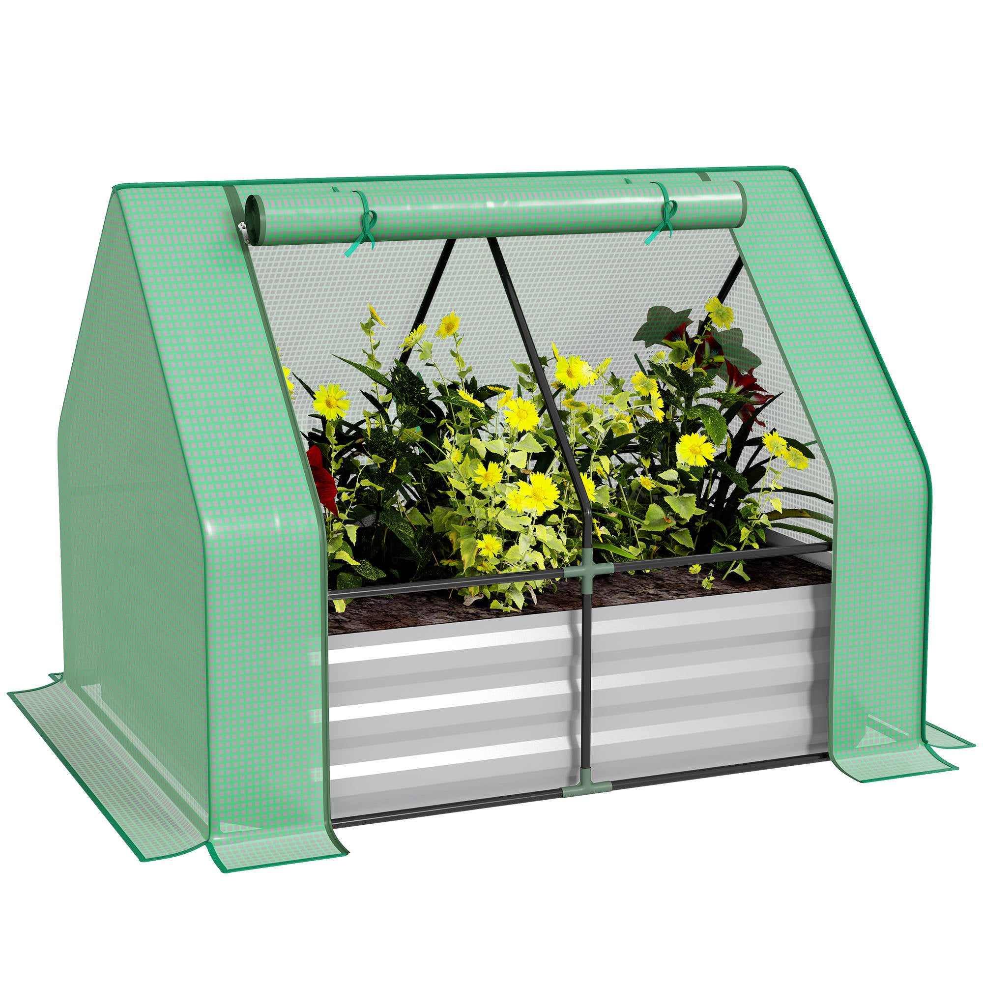 Outsunny Huerto Urbano con Invernadero Invernadero de Exterior 127x95x92 cm Tipo Caseta con Arriate de Acero Interior Ventana Enrollable y Cubierta de PE 140 g/m² para Cultivos Plantas Flores Verde