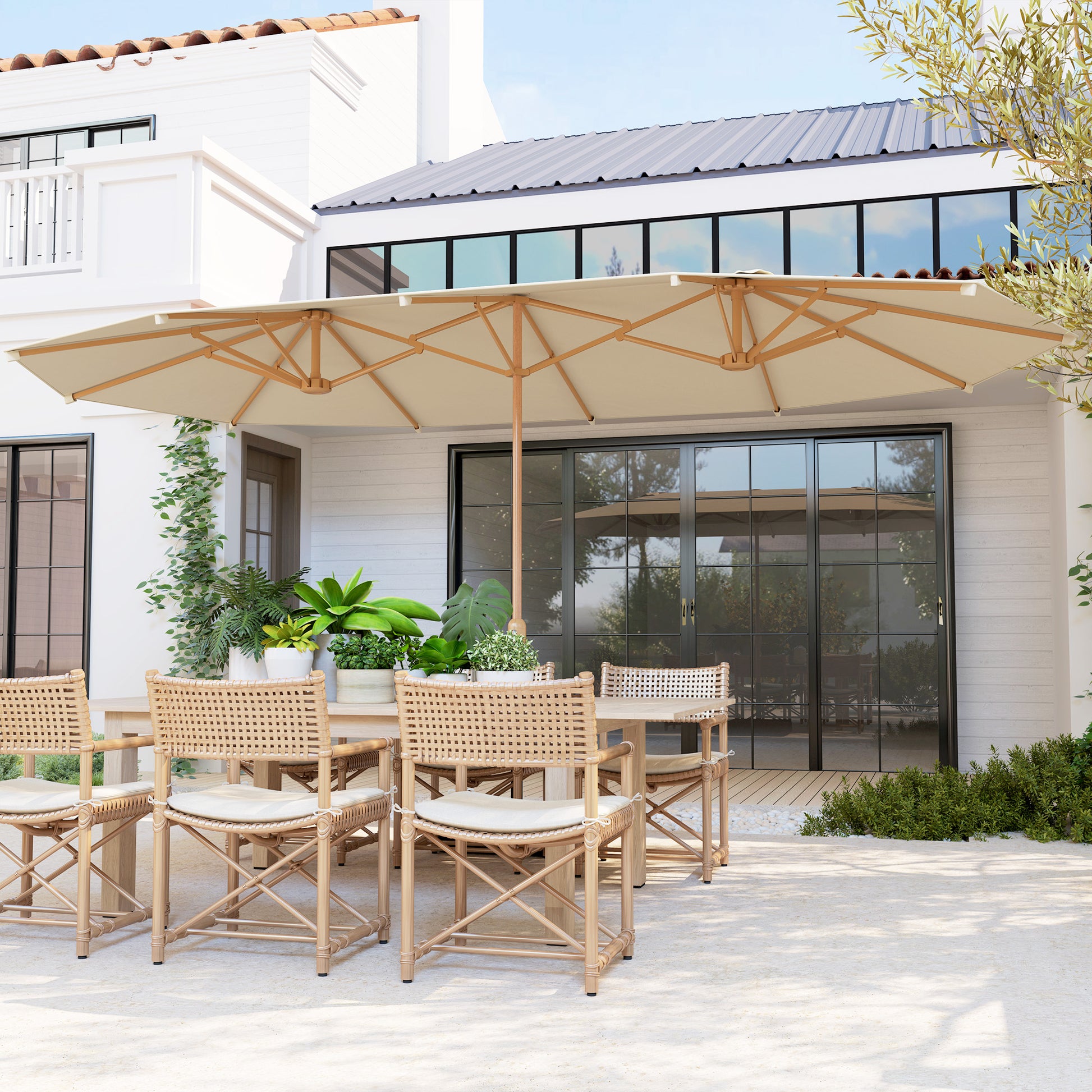 Outsunny Sombrilla Doble 4,55x2,65 m Sombrilla Terraza Exterior con Manivela Manual Resistente al Agua y Protección Solar Sombrilla Grande para Terraza Playa Piscina Crema