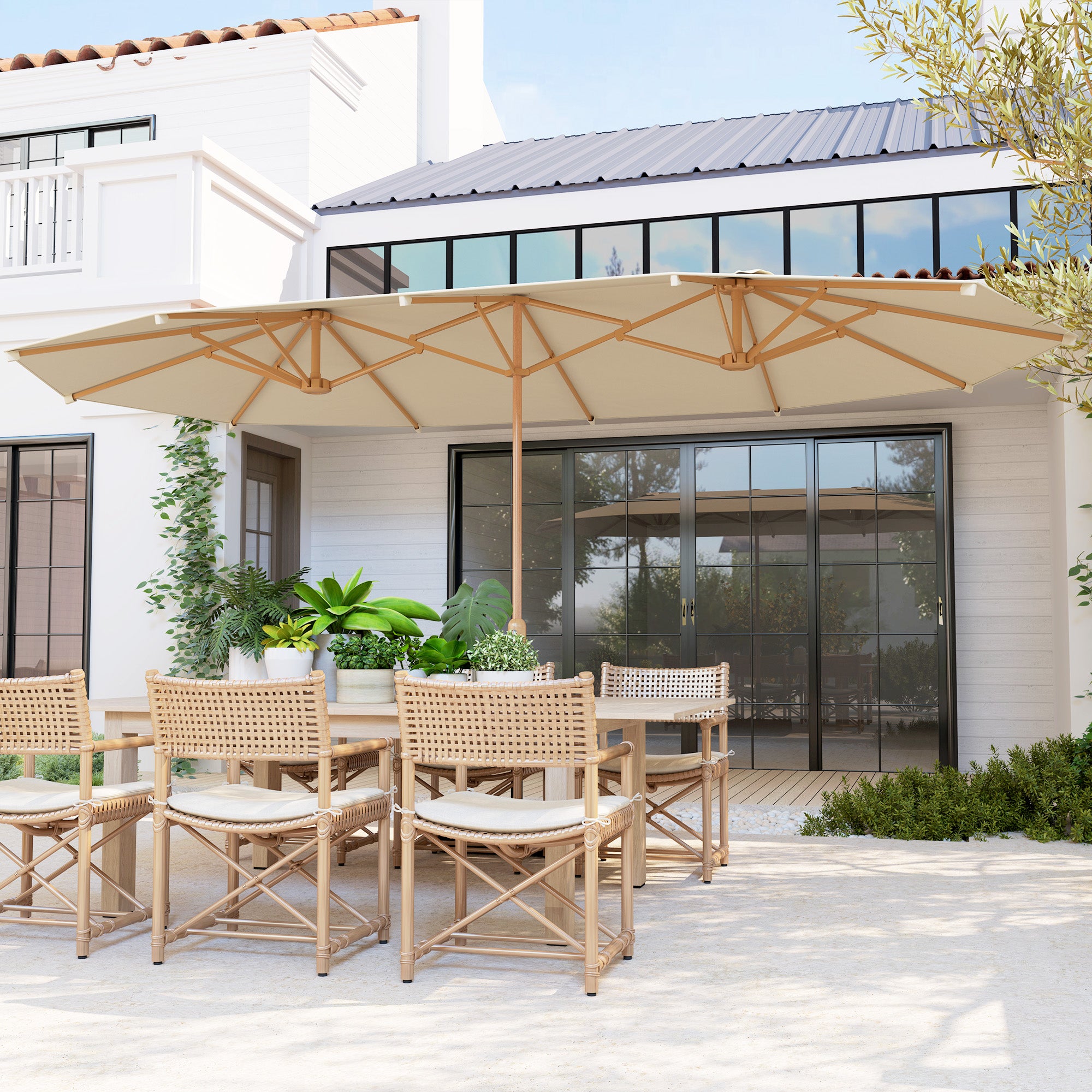 Outsunny Sombrilla Doble 4,55x2,65 m Sombrilla Terraza Exterior con Manivela Manual Resistente al Agua y Protección Solar Sombrilla Grande para Terraza Playa Piscina Crema