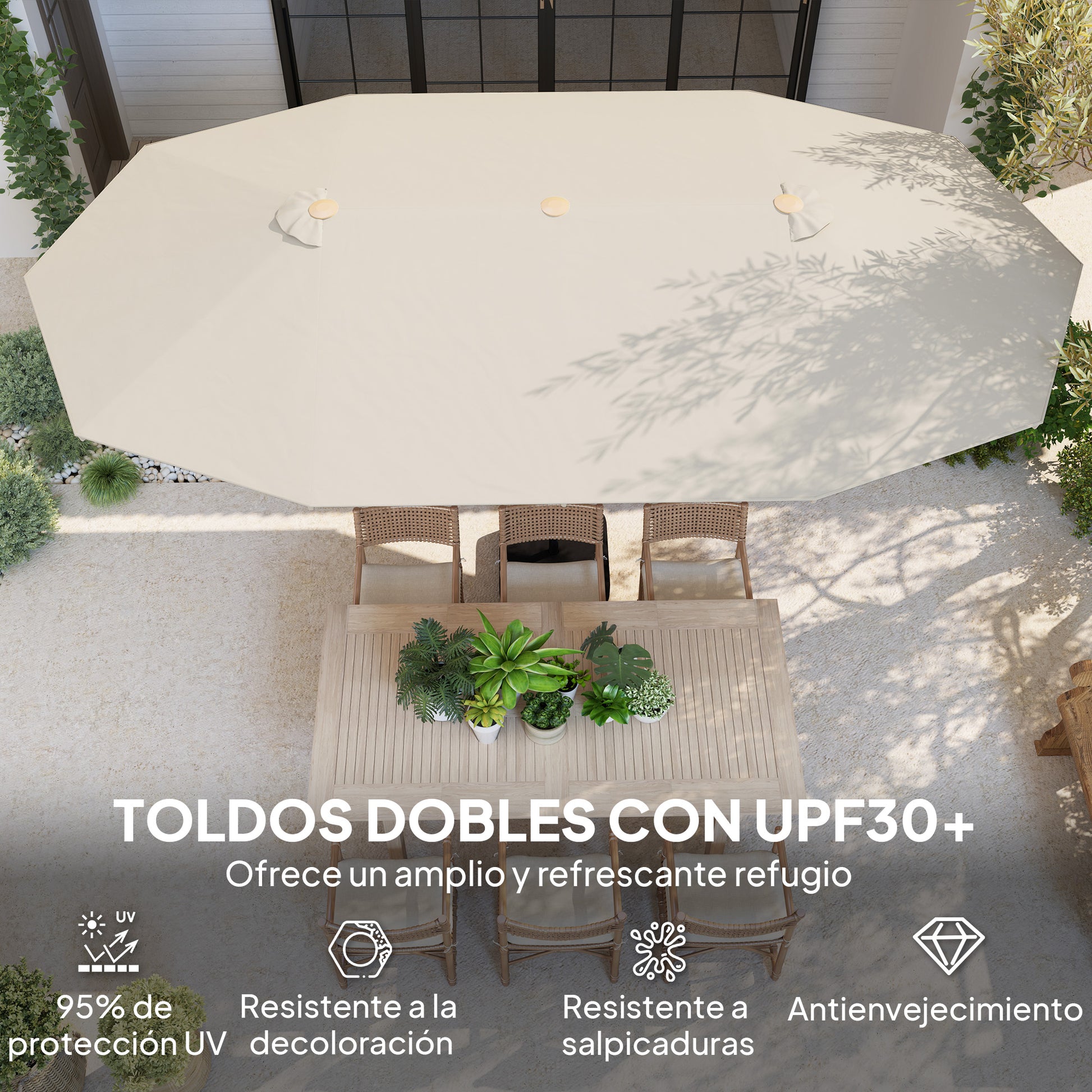 Outsunny Sombrilla Doble 4,55x2,65 m Sombrilla Terraza Exterior con Manivela Manual Resistente al Agua y Protección Solar Sombrilla Grande para Terraza Playa Piscina Crema