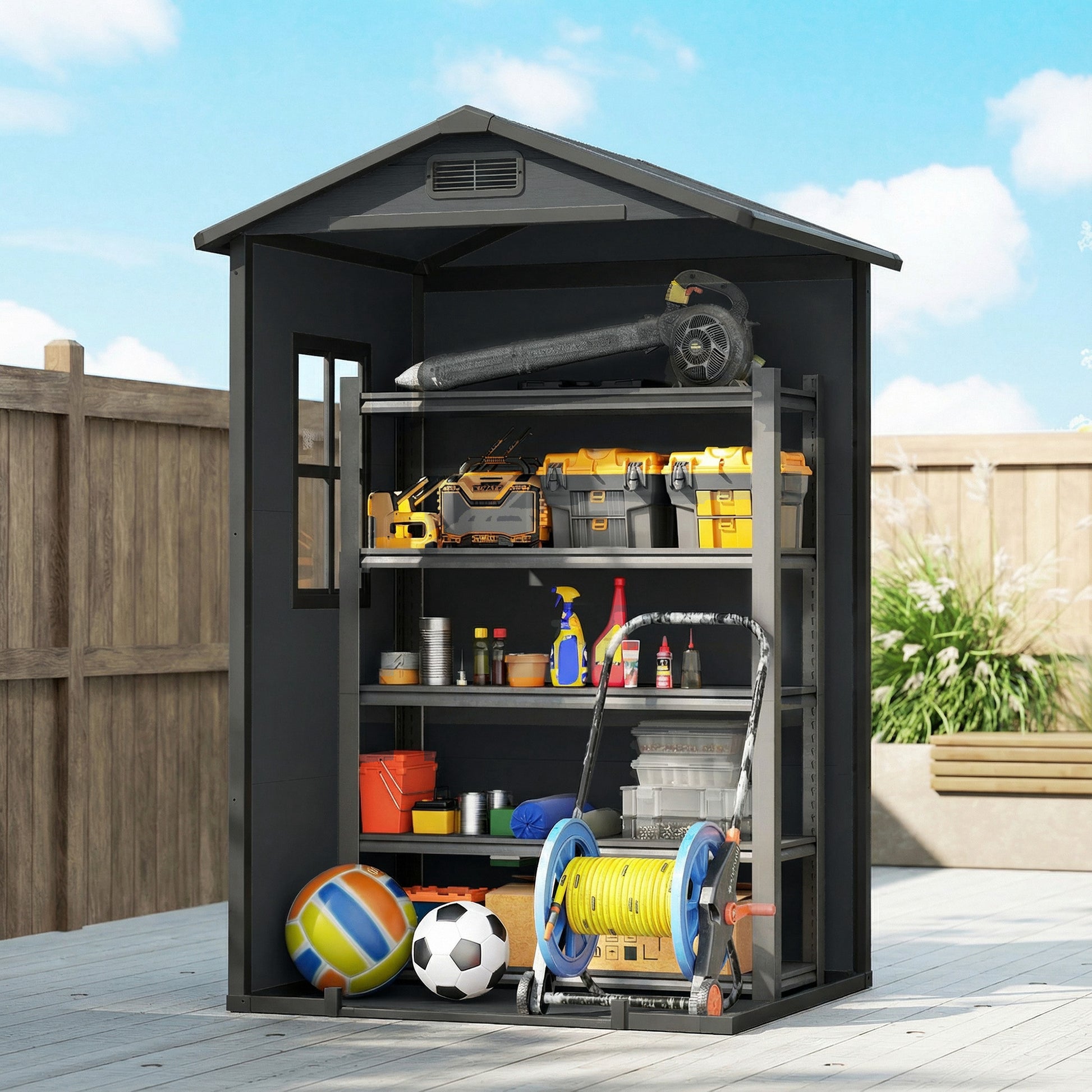 Outsunny Caseta de Jardín Exterior 1,09 m², 128x104x196 cm, Cobertizo de Jardín Exterior de Plástico con Suelo, Puerta con Cerradura, Ventana y Ventilación para Almacenaje de Herramientas, Gris Oscuro