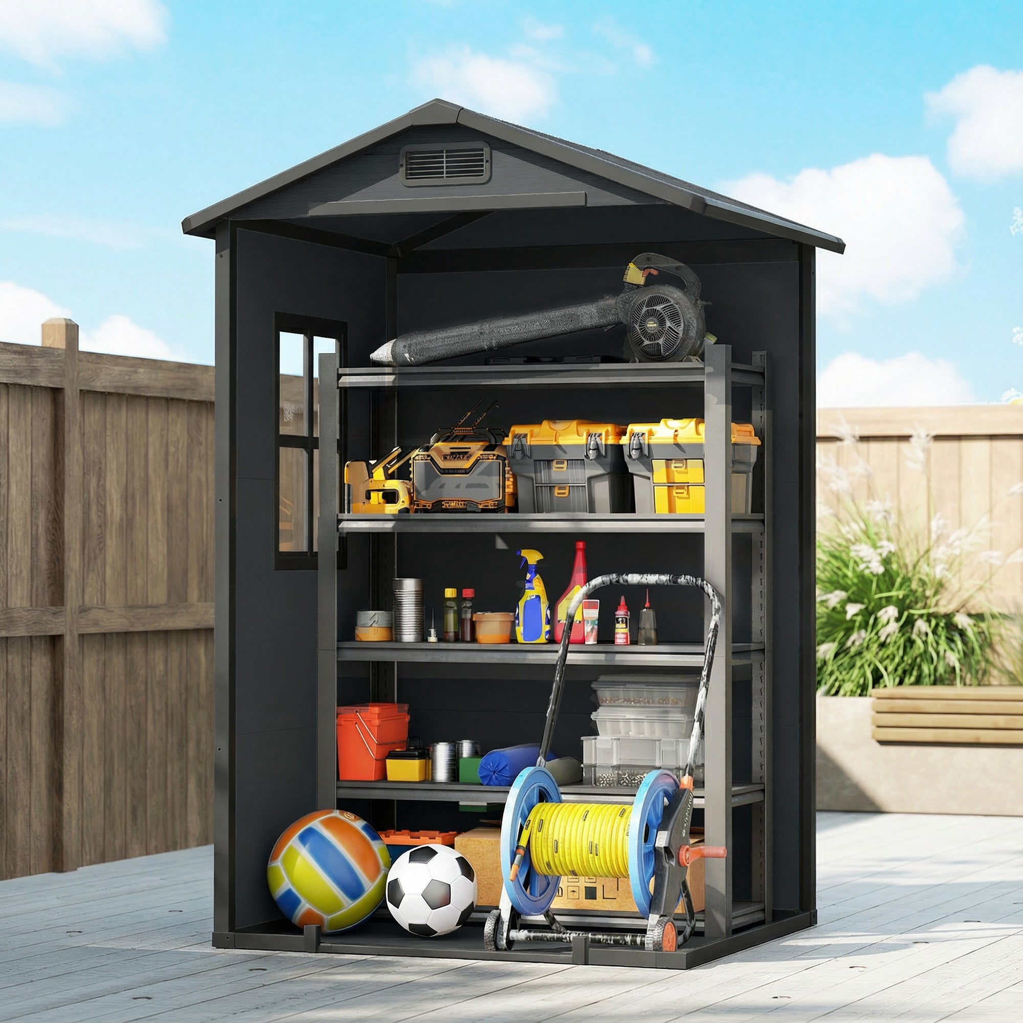 Outsunny Caseta de Jardín Exterior 1,09 m², 128x104x196 cm, Cobertizo de Jardín Exterior de Plástico con Suelo, Puerta con Cerradura, Ventana y Ventilación para Almacenaje de Herramientas, Gris Oscuro
