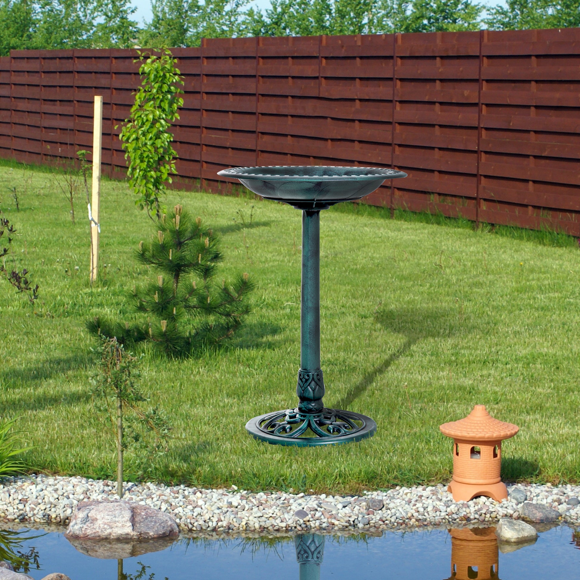 Outsunny Baño para Pájaros de Jardín al Aire Libre, Altura 70 cm, Comedero para Pájaros con Diseño de Flor de Lis y Acabado Envejecido, Ligero y Resistente, Bebedero para Aves, Verde
