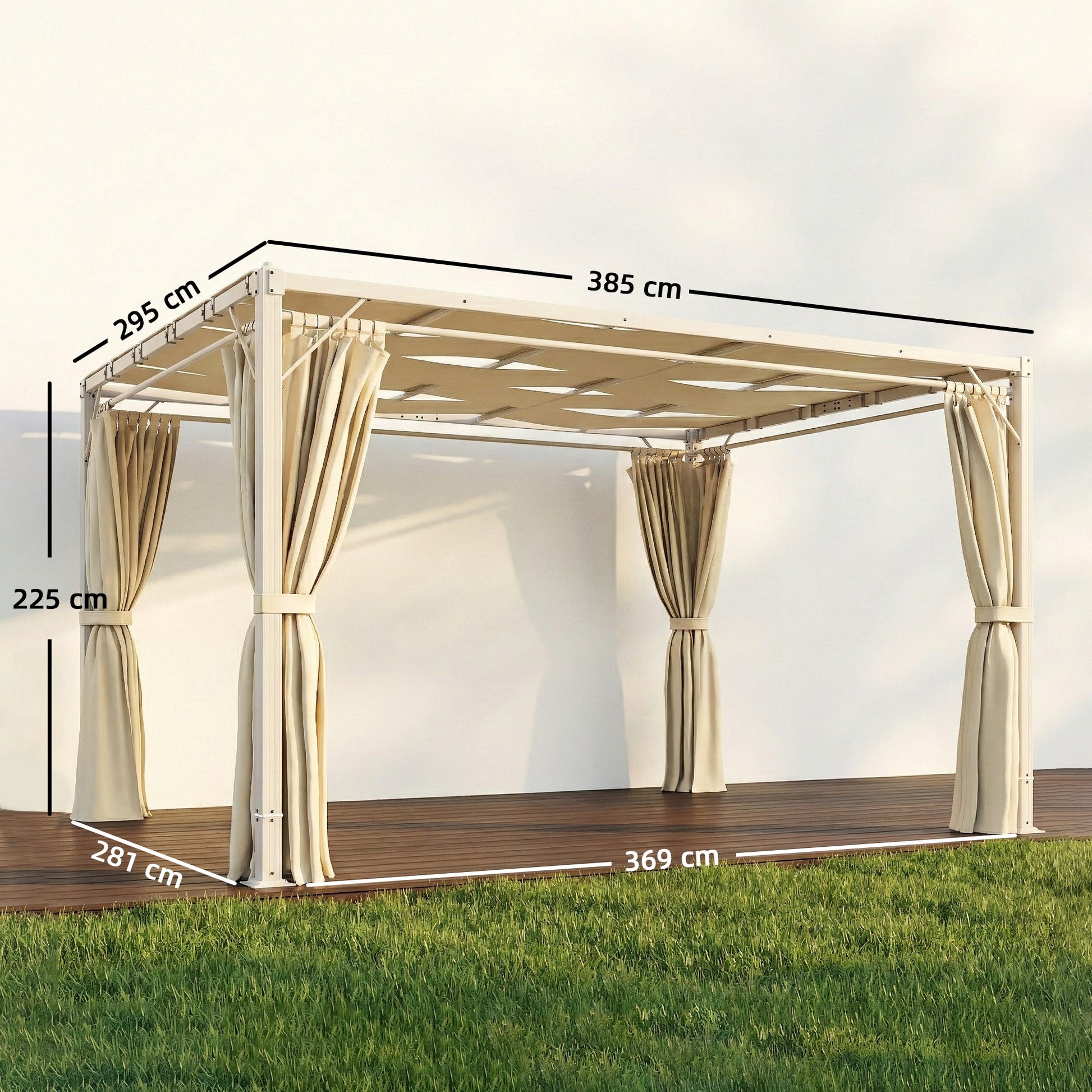 Outsunny Pérgola de Jardín 3x4 m, Cenador de Jardín con Techo Ondulado, 4 Cortinas Extraíbles, Protección UPF50+ y Estructura de Acero Resistente, Pabellón para Exterior, Patio, Terraza, Beige