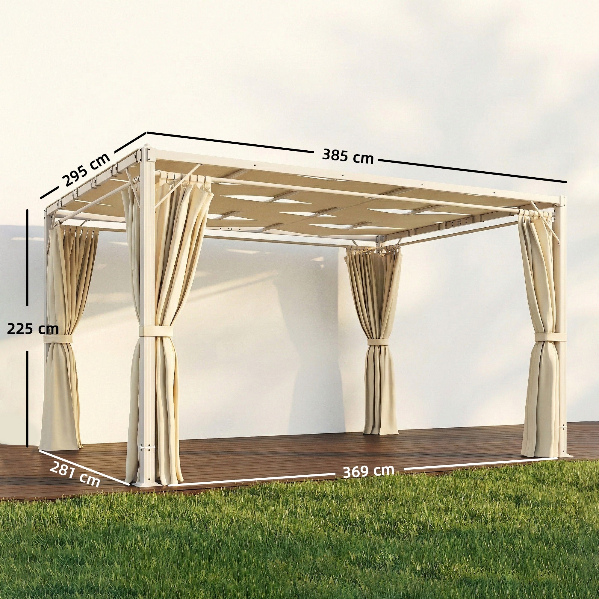 Outsunny Pérgola de Jardín 3x4 m, Cenador de Jardín con Techo Ondulado, 4 Cortinas Extraíbles, Protección UPF50+ y Estructura de Acero Resistente, Pabellón para Exterior, Patio, Terraza, Beige