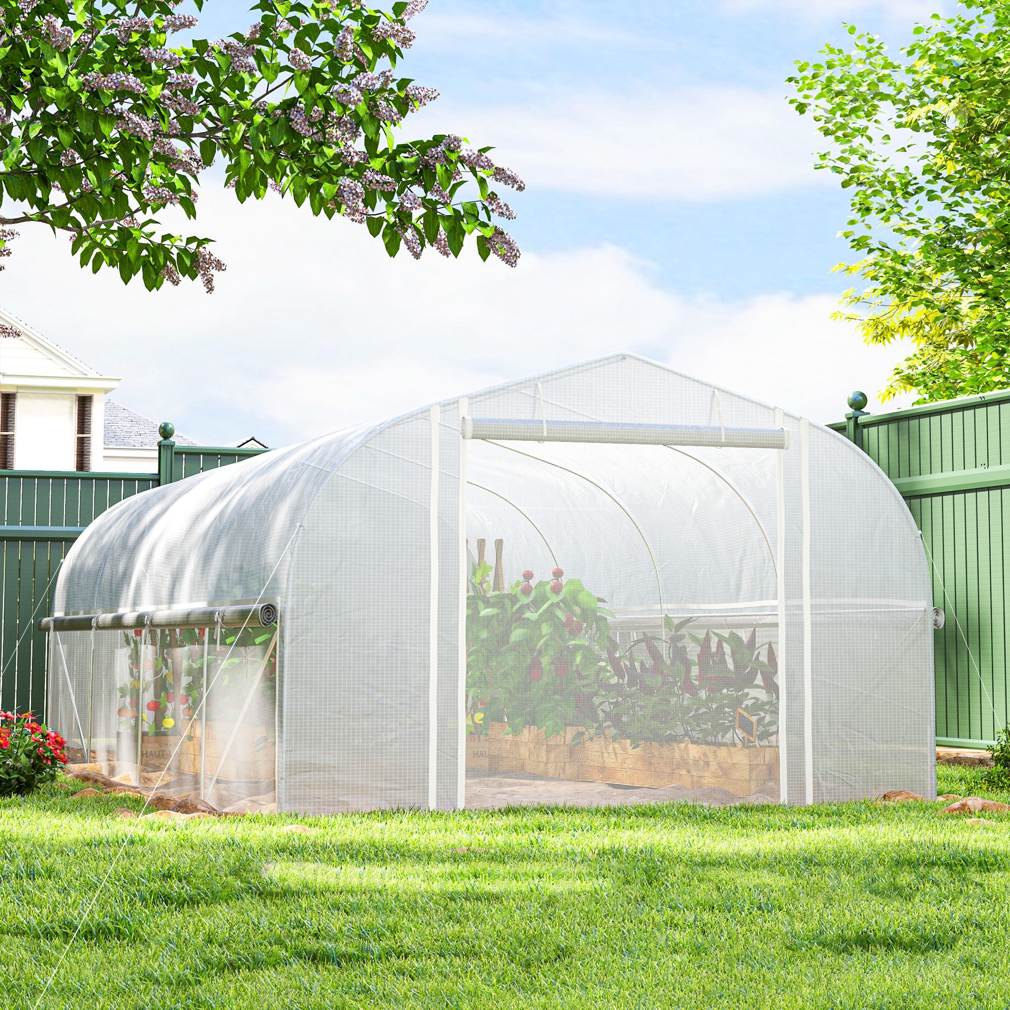 Outsunny Invernadero de Exterior 6x3x2 m Invernadero de Túnel con 8 Ventanas Cubierta de PE Anti-UV y Puerta Enrollable con Cremallera Paredes Laterales con Malla Blanco