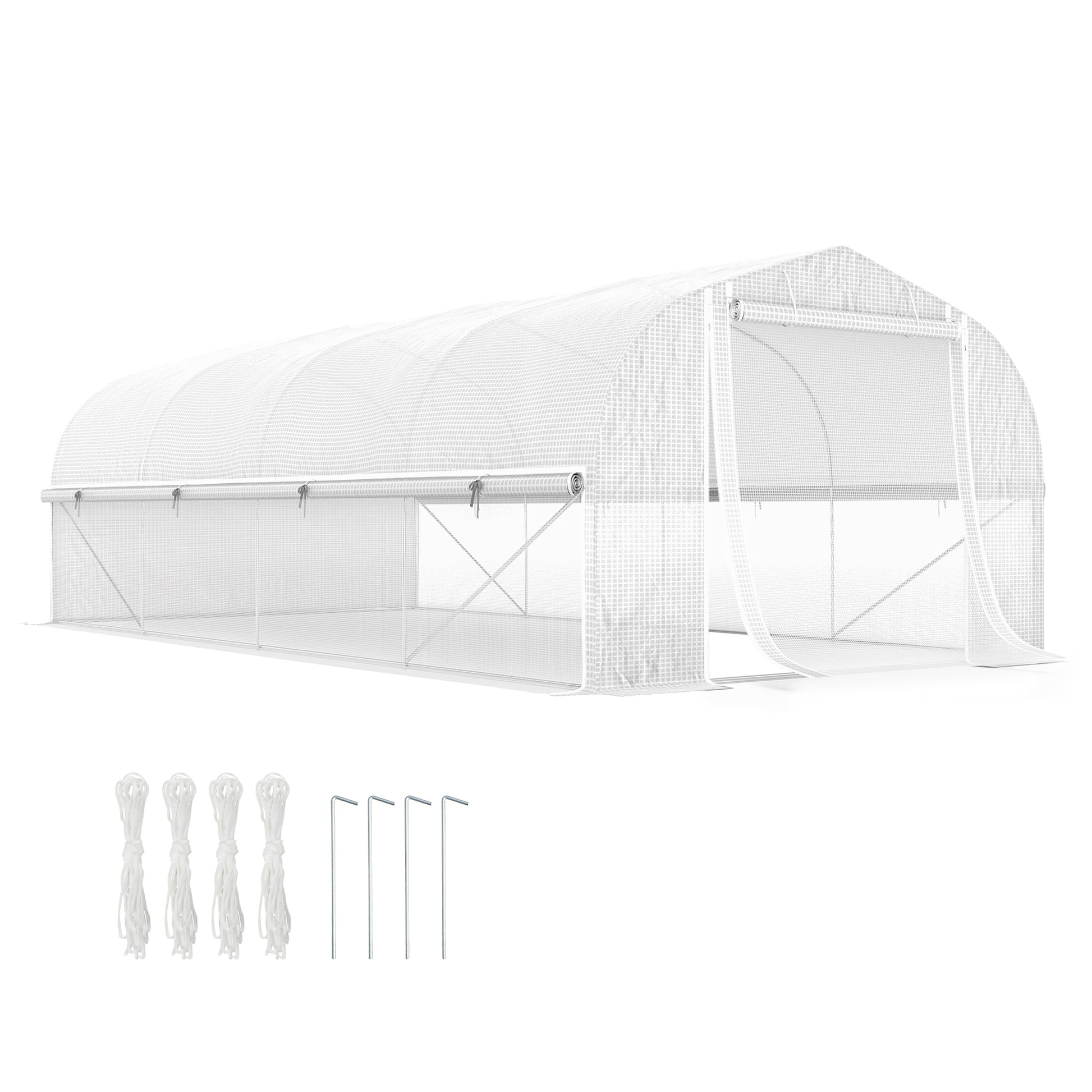 Outsunny Invernadero de Exterior 6x3x2 m Invernadero de Túnel con 8 Ventanas Cubierta de PE Anti-UV y Puerta Enrollable con Cremallera Paredes Laterales con Malla Blanco