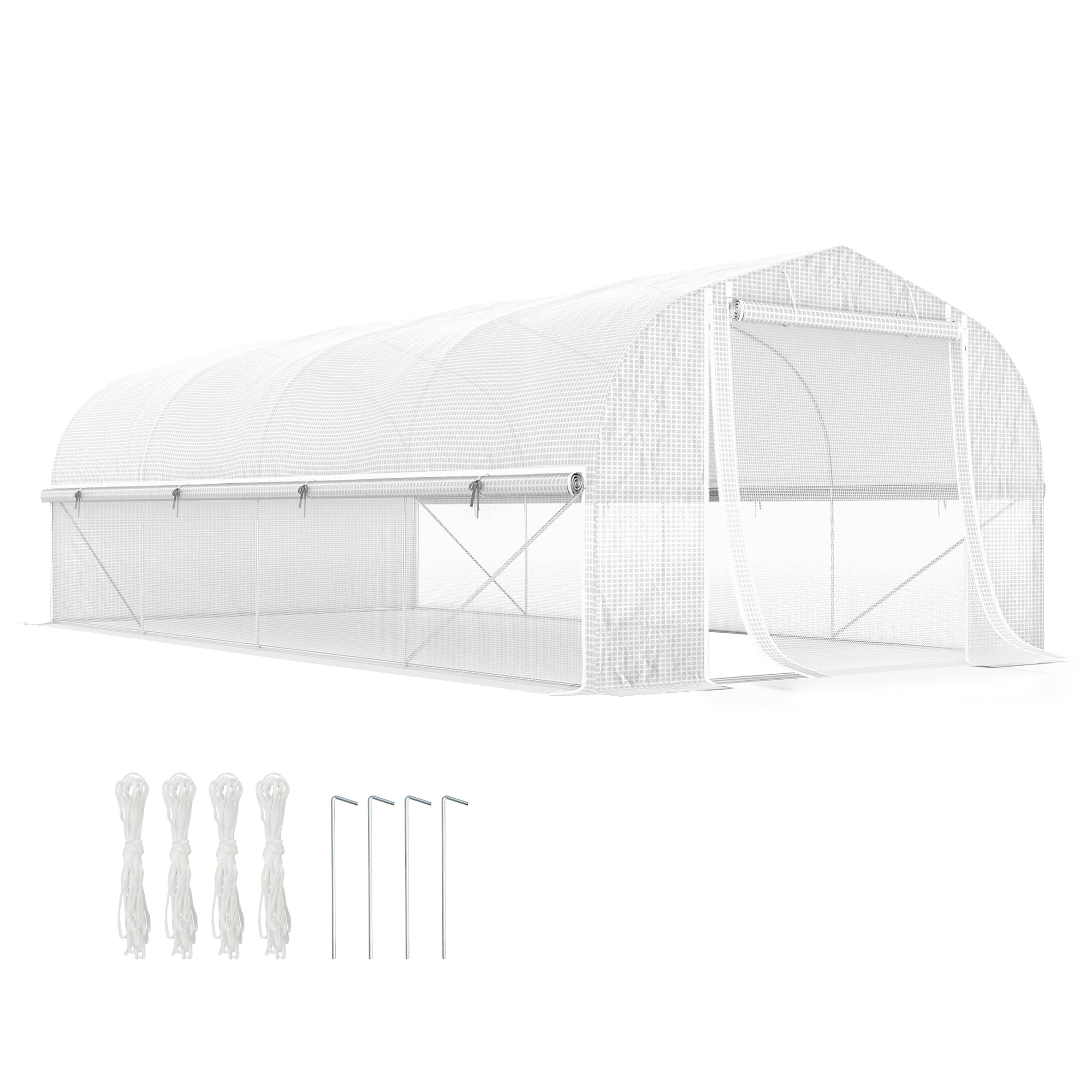 Outsunny Invernadero de Exterior 6x3x2 m Invernadero de Túnel con 8 Ventanas Cubierta de PE Anti-UV y Puerta Enrollable con Cremallera Paredes Laterales con Malla Blanco