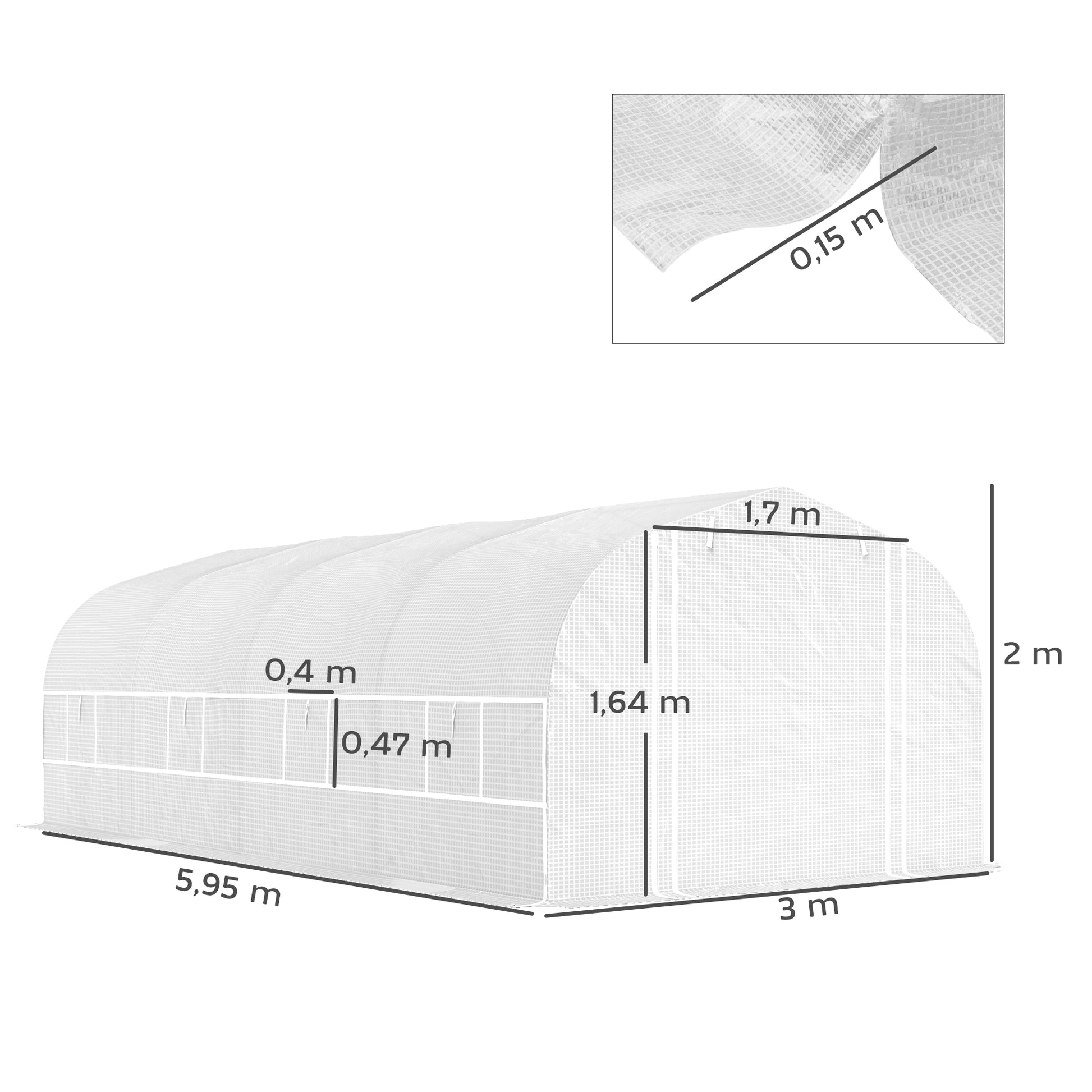 Outsunny Invernadero de Exterior 6x3x2 m Invernadero de Túnel con 8 Ventanas Cubierta de PE Anti-UV y Puerta Enrollable con Cremallera Paredes Laterales con Malla Blanco